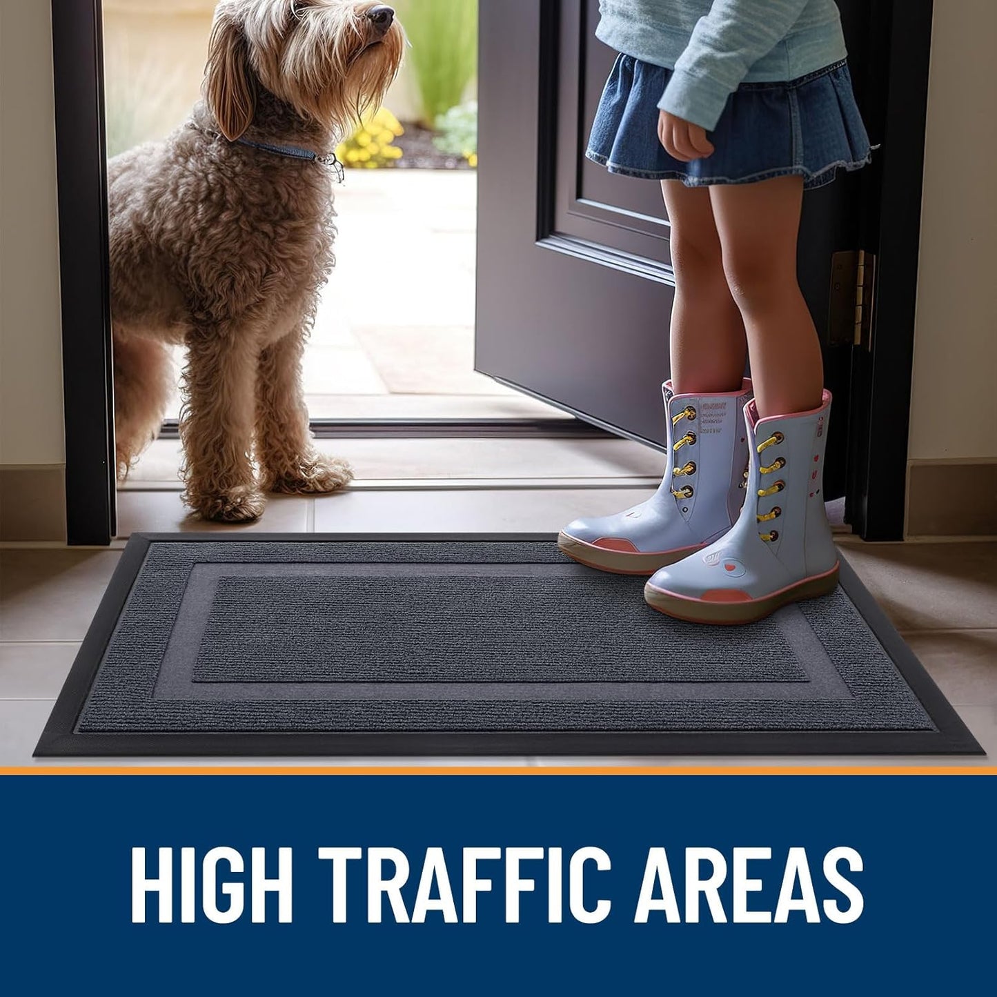 OLANLY Indoor Outdoor Front Door Mat - Waterproof All-Season Doormat, Sturdy Natural Rubber, 71x23, Light Grey
