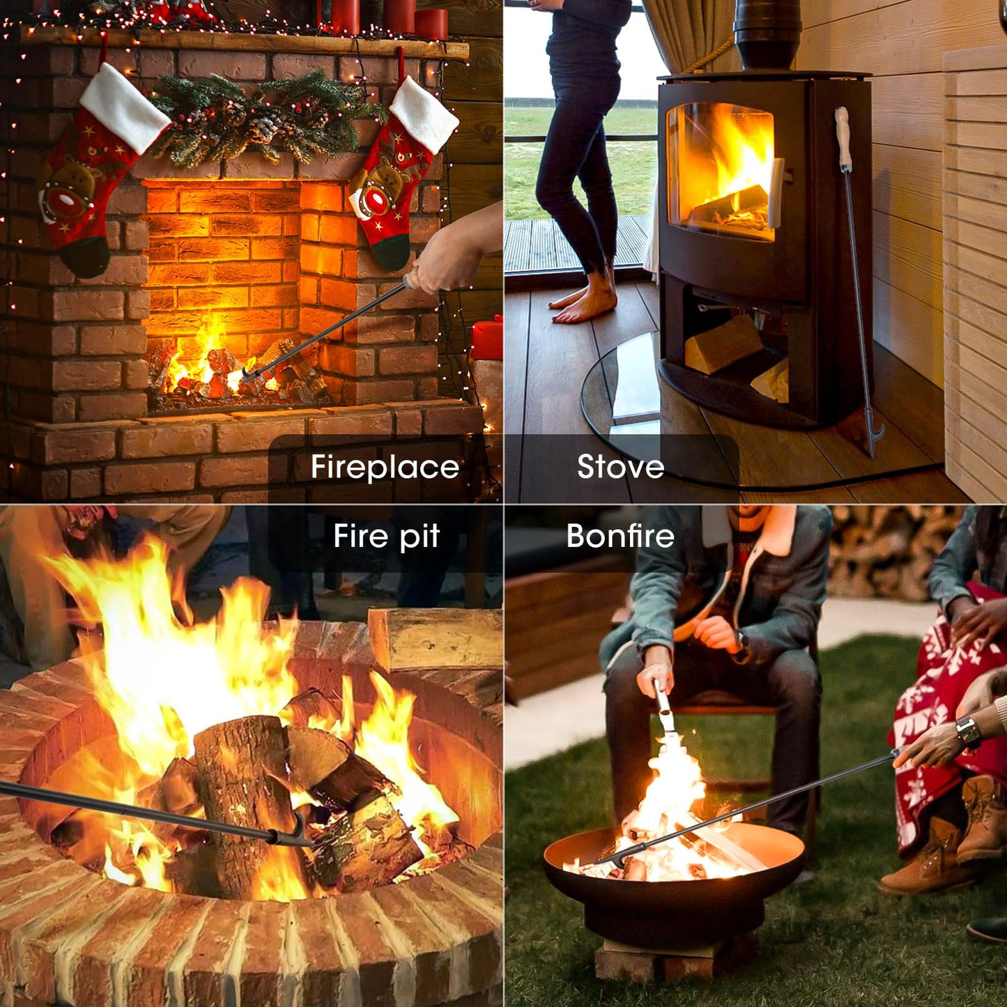AGM Fire Poker for Fire Pit, 32" Long Heavy Duty Campfire Poker Stick with Wooden Handle for Camping, Fireplace, Bonfires, Rust Resistant Portable Fire Pit Tools Accessories for Outdoor & Indoor