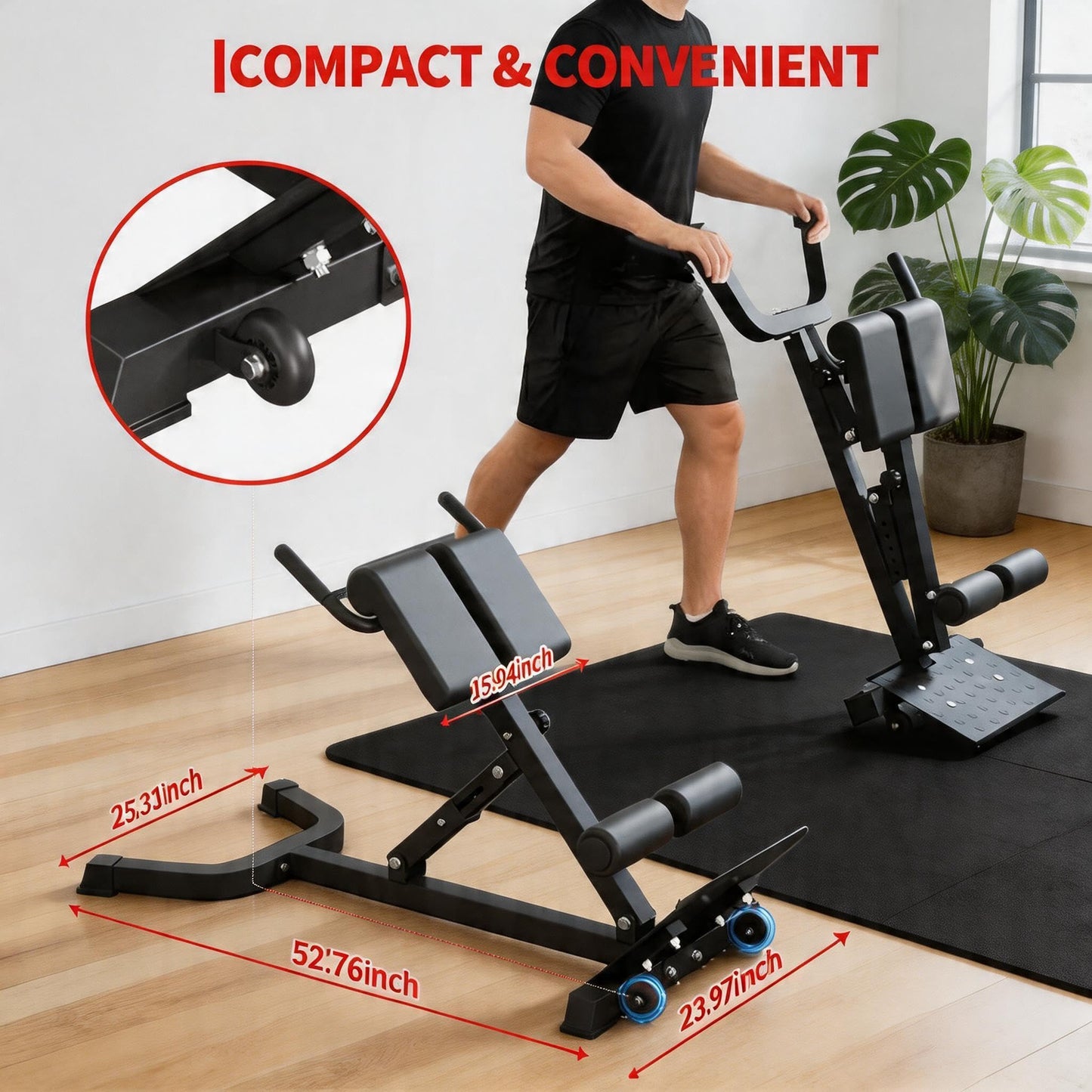 Foldable Roman Chair with Wheels - 6 Height & 5 Angle Adjustable Hyperextension Bench for Glutes and Core - Multi-Function Back Exercise Machine, 300 Lbs Capacity