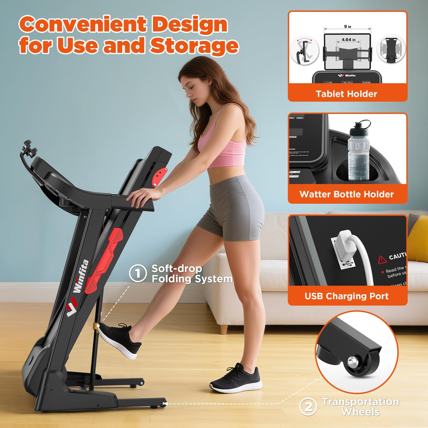 Winfita 3.5HP Folding Treadmills for Home with Incline, 300 lbs Capacity, 8.0 MPH Speed, 17'' Wide Belt, App, 64 Programs, Pause Function, BMI Detector for Home Use
