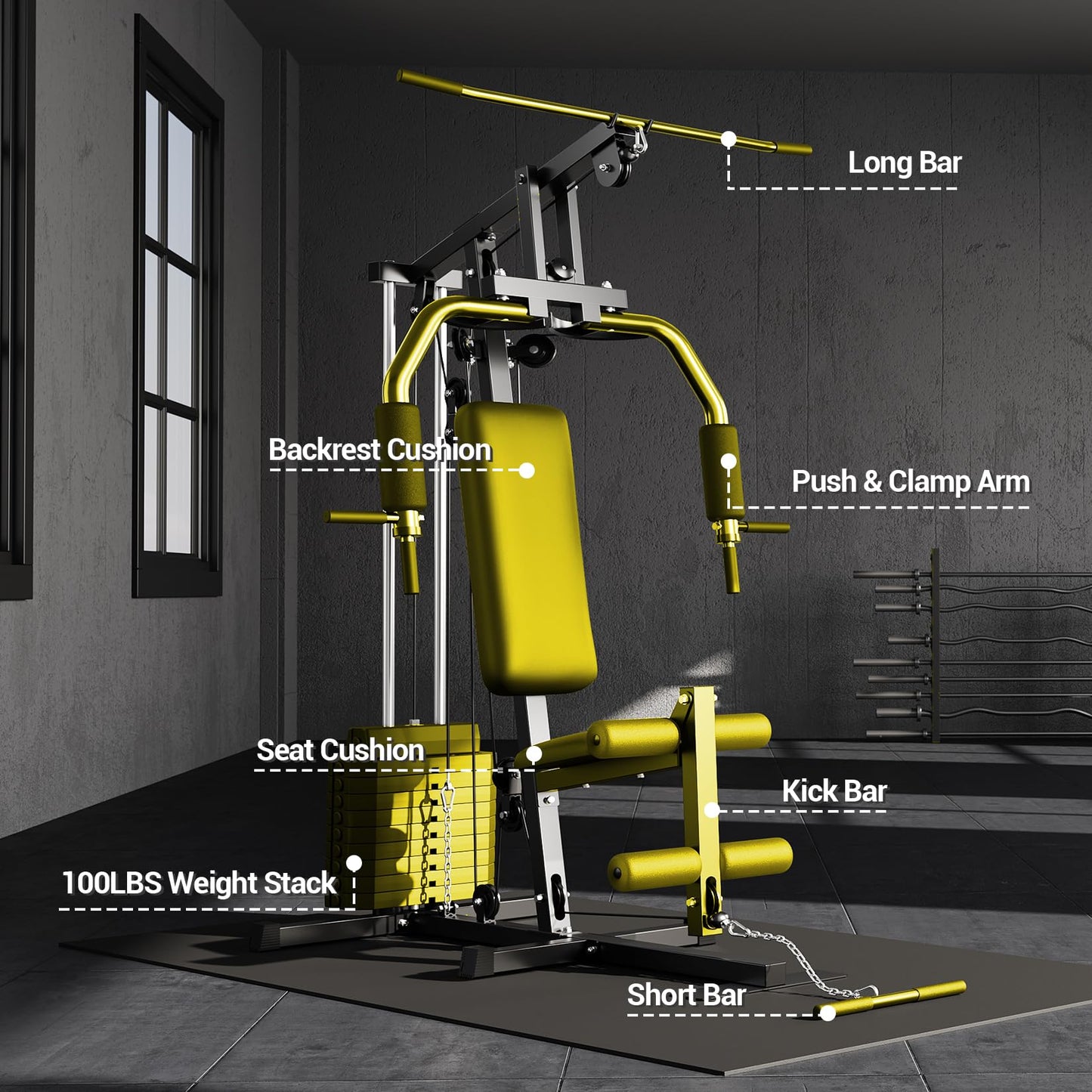 KUNRAM Home Gym Machine with 100LBS Weight Stack, 6-in-1 Multi-Station Workout Equipment, Full Body Strength Training System with Chest Press, LAT Pulldown, Leg Extension & Seated Row for Home Garage