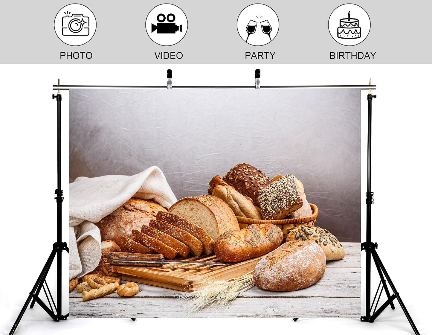 KeyWork 5x4ft Artisan Bread Assortment Backdrop Fresh Bakery Photography Background for Party Food Themed Gathering