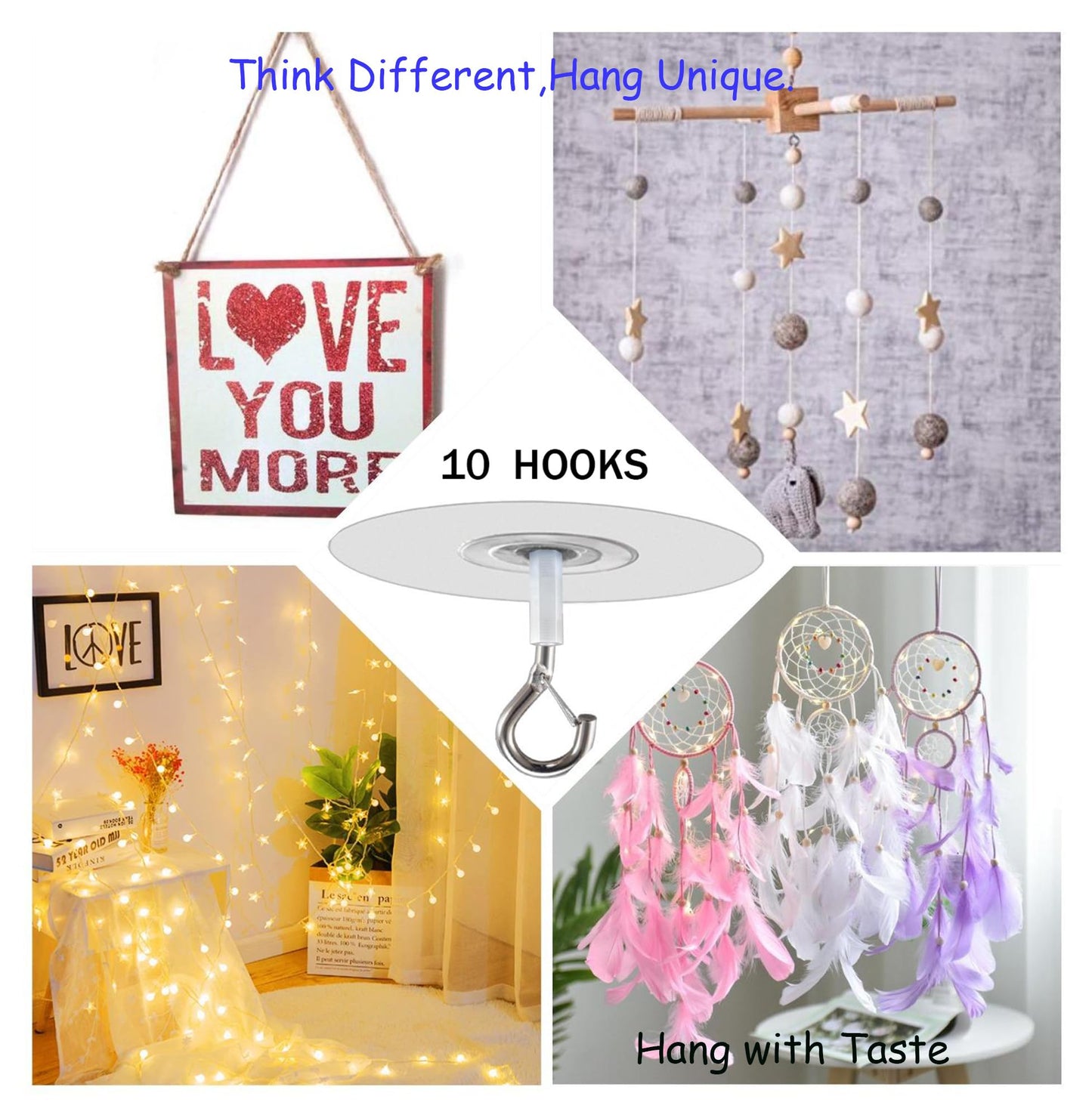 Crhexpva No Hole Adhesive Ceiling Hooks for Hanging Light Plants,Sticky Eye Hooks for Hanging Boby Mobile Curtain,Set of 10 (Round)