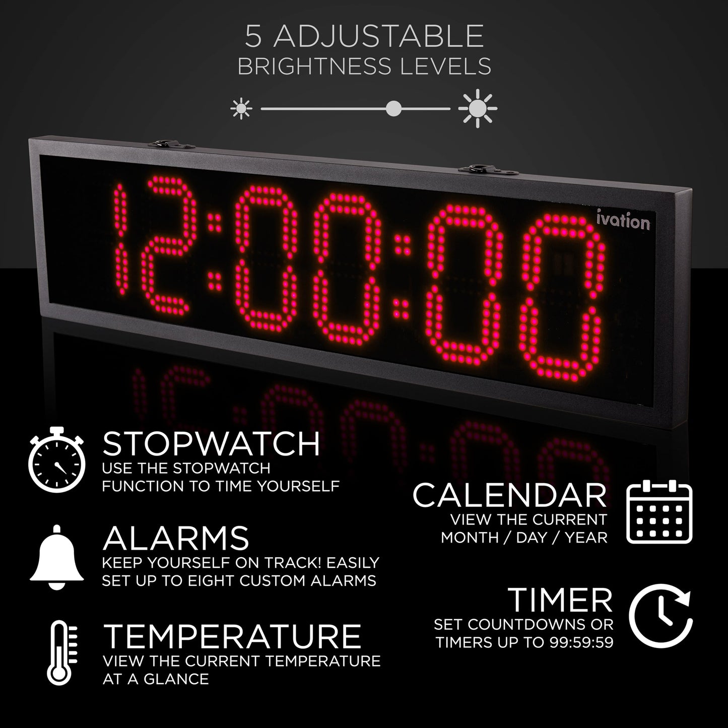Ivation Oversized 36" Outdoor Waterproof Digital Clock, Auto Time Sync - LED Digital Clock with Large Multi Function Display - Stopwatch, Timer, Alarms, Temp & Date - Wall or Chain Mount (Red)