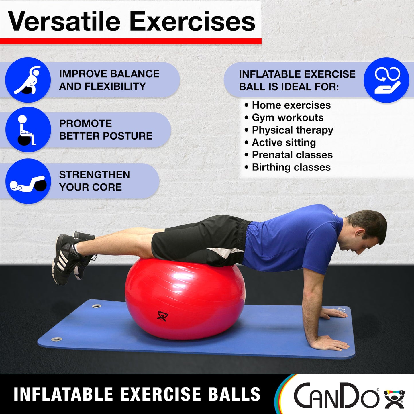 CanDo Inflatable Exercise Ball - Blue 12", Durable Extra Thick Non-Slip Stability Ball for Core Workouts, Yoga, Pilates, Active Seating, Physical Therapy, Pregnancy, Home Gym, Flexibility