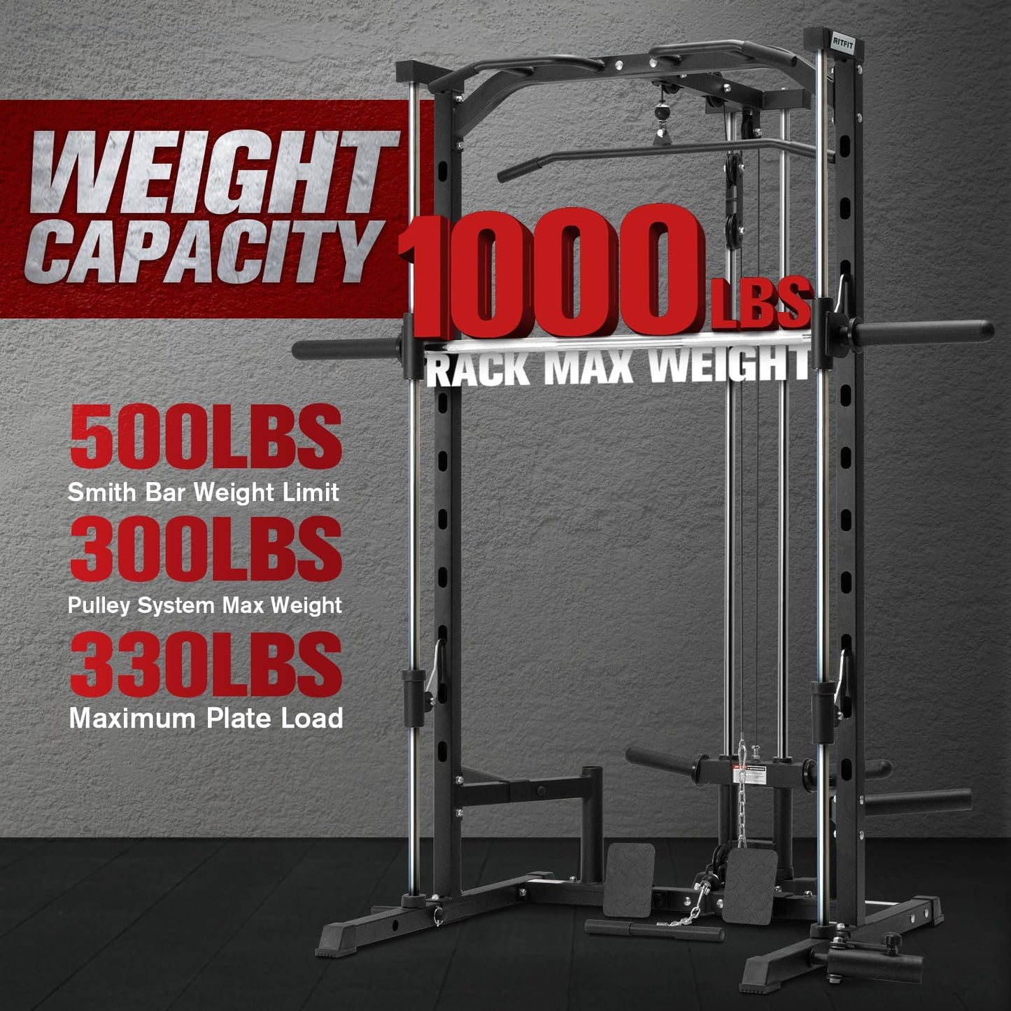 RitFit Smith Machine Power Rack with LAT-Pull Down System, Landmine, Barbell Bar, Plate Storage Pegs and More Training Attachment, 1000 LBS Multifunction Squat Rack for Home Gym, Upgraded 2.0 with Bar