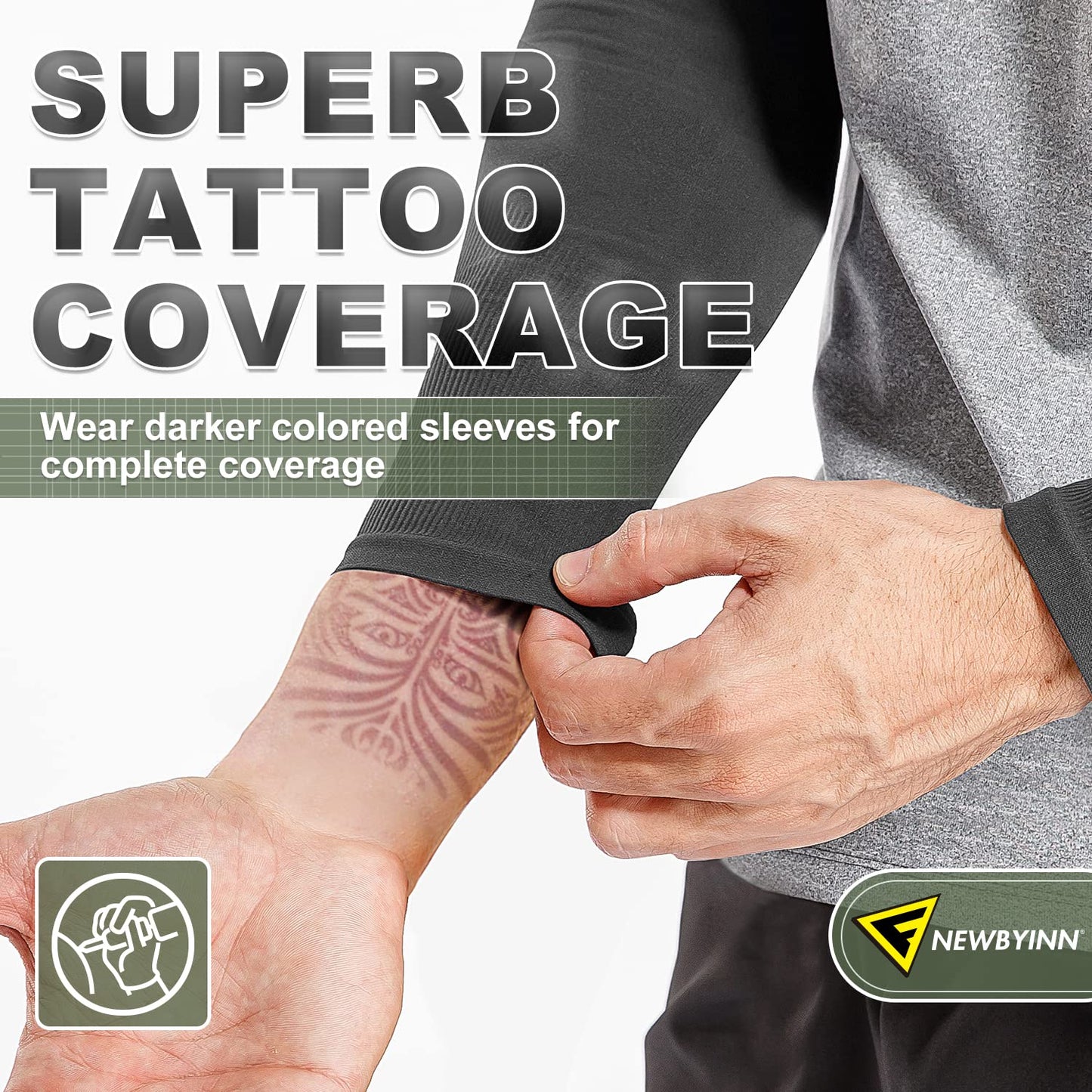 Newbyinn Arm Sleeves for Men Women, Size L - XL, UV Sun Protection Sleeve to Cover Tattoo, Cooling Compression Arm Cover