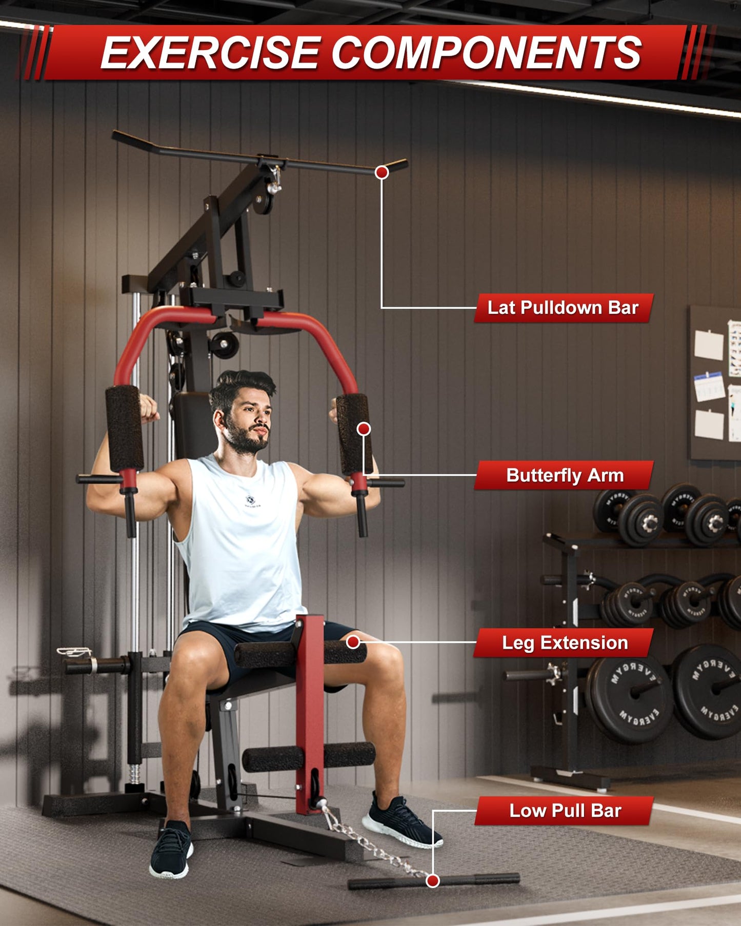 Home Gym Equipment, Compact Weight Machine for Home Full Body Workout, Multifunctional Strength Training Station with LAT Pulldown, Leg Extension, PEC Deck, Fits 1" & 2" Plates, 300LBS