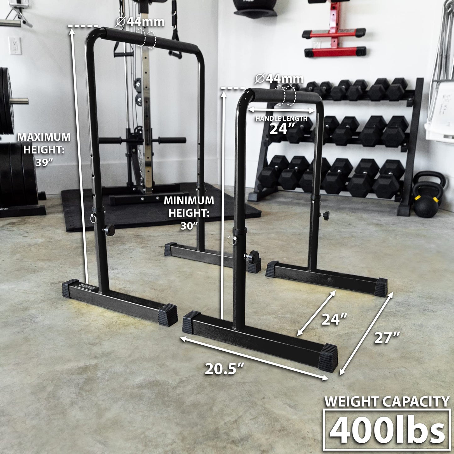 Synergee Dip Bar Black. Adjustable Dip Station from 30” – 39” for Dips, Inverted Pull Ups. Max capacity 400 lbs. Portable Dip Stand for Total Body Workout.