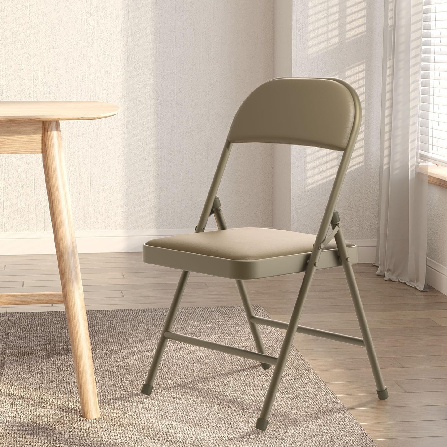 Nazhura 4 Pack Folding Chairs with Padded Vinyl Cushion Chairs with Comfortable Cushion and Durable Steel Frame for Home and Office, for Indoor and Outdoor Events (Kahki Vinyl Padding 4 Pack)