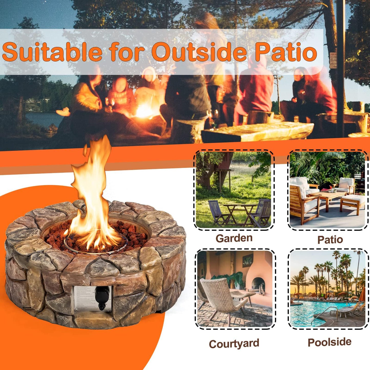 DORTALA Round Propane Outdoor Fire Pit, 28 Inch 40,000 BTU Stone Propane Fire Pit w/Lava Rocks, PVC Cover, ETL Certified, Smokeless Gas Fire Pits for Outside Patio Garden Camping Backyard (Brown)