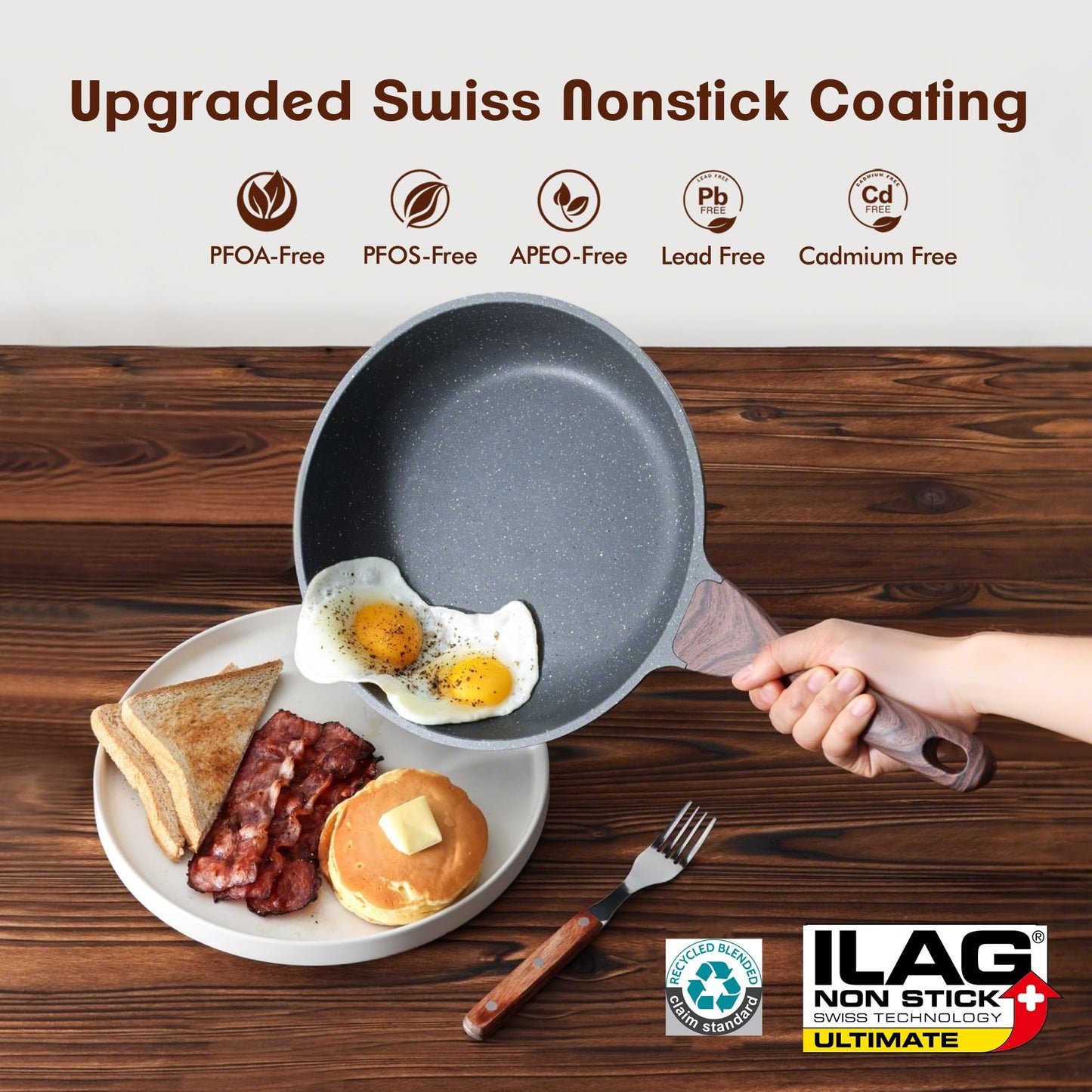 SENSARTE Nonstick Frying Pan Skillets, Swiss Granite Coating Omelette Pans, Healthy Cookware, Free of Intentionally Added PFOA (9.5 Inch Frying Pan and 5QT Saute Pan)