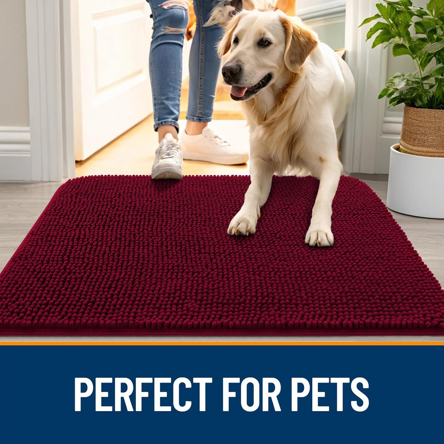 OLANLY Dog Door Mat - Absorbent Non-Slip Chenille for Muddy Paws | 40x32, Quick Dry, Burgundy