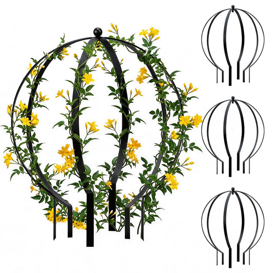 HEYTIMI 4 PCS Large Metal Round Trellis for Climbing Plants, Heavy Duty Thick Rustproof Obelisk, Garden Sphere Frame for Potted Roses Vines, Outdoor Garden Decor, Easy Assembly (25.2" x 21.3")