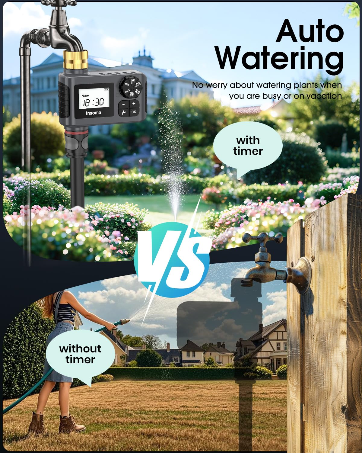 Water Timer with Brass Inlet & Outlet for Outdoor Garden Hose, Hose Timer with Rain Delay/Manual Mode, Automatic Drip Irrigation Controller System for Lawn Yard Garden Watering