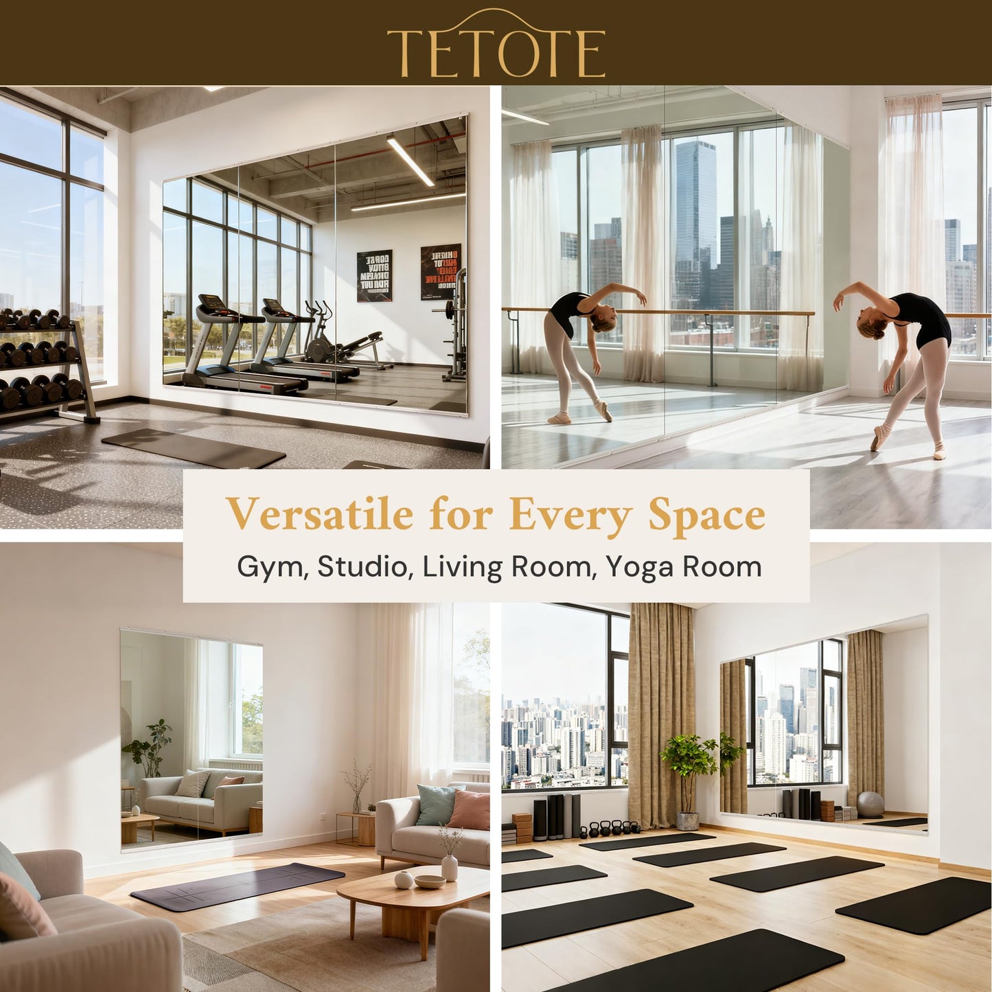 TETOTE Home Gym Mirror for Wall 48" x 24" - 2PCS Large Frameless Tempered Glass Workout Exercise Fitness Mirror for Home Gym, Garage, Dance Studio, Yoga, Bedroom, Living Room