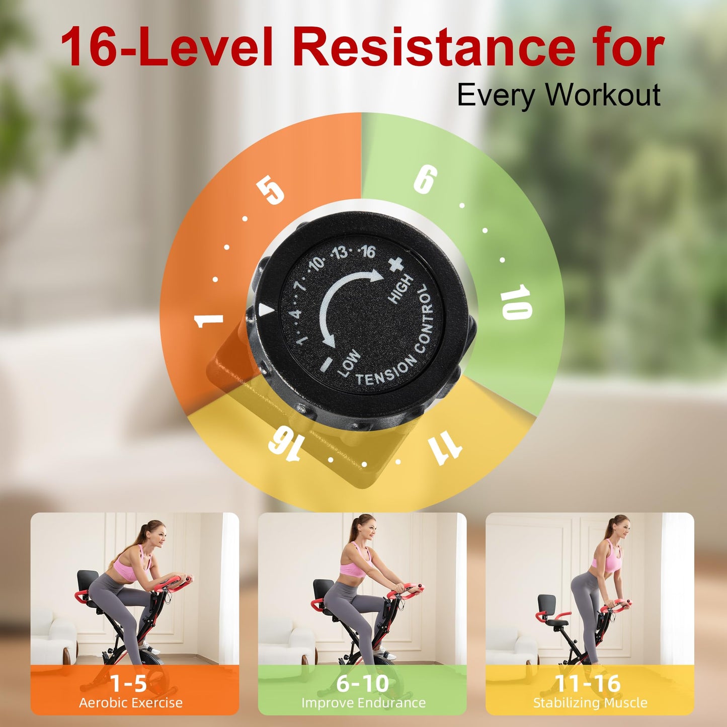 BARWING Stationary Exercise Bike for Home Workout, 5 IN 1 Foldable Indoor Cycling Bike for Seniors, 350LB Capacity, 16-Level Magnetic Resistance, Comfortable Seat Backrest