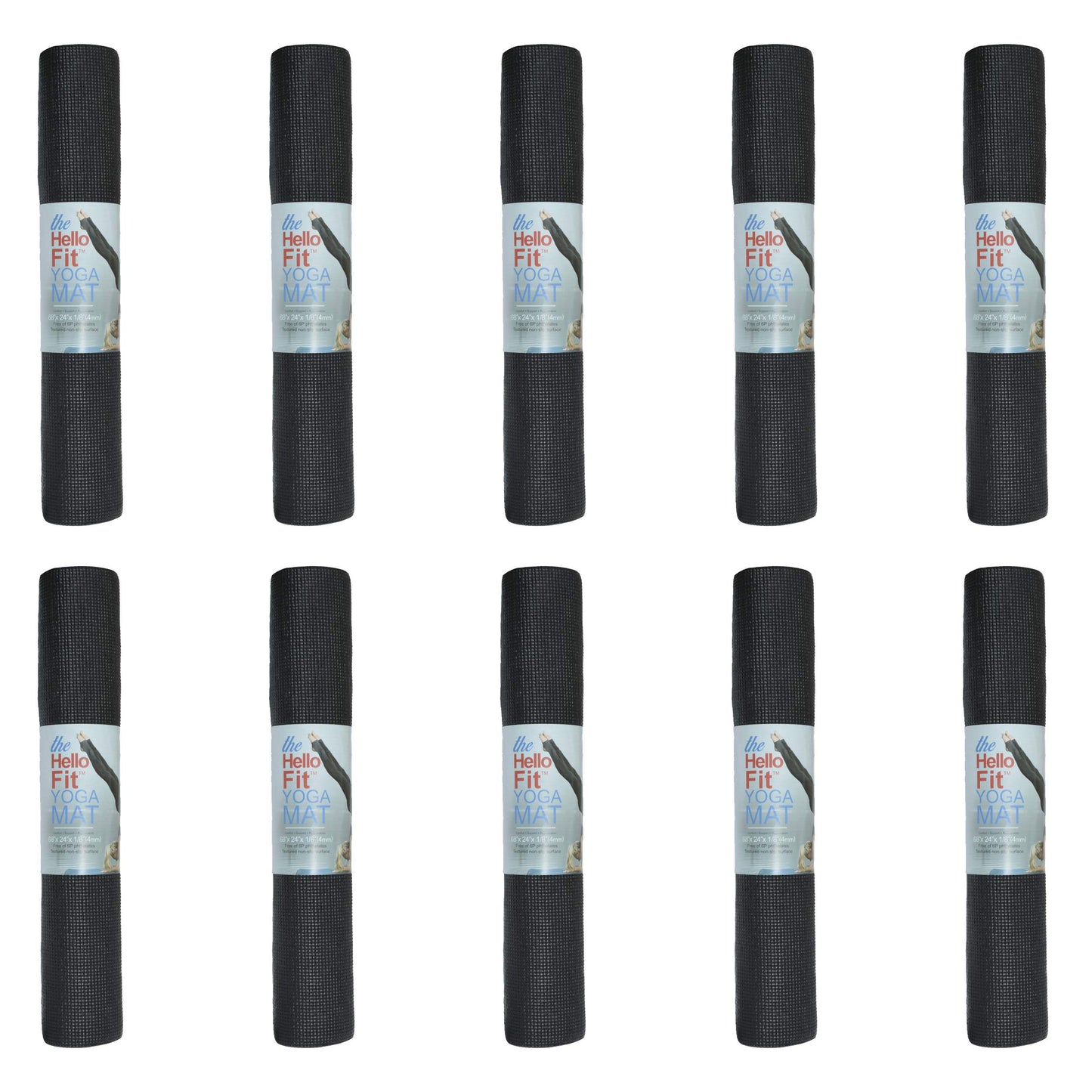 Hello Fit 10-Pack Yoga Mat, 68" x 24" Non Slip Exercise Mat, 4mm Thick Gym Mat for Fitness and Stretching, Bulk Non Toxic Yoga Mats for Schools and Studios, Black