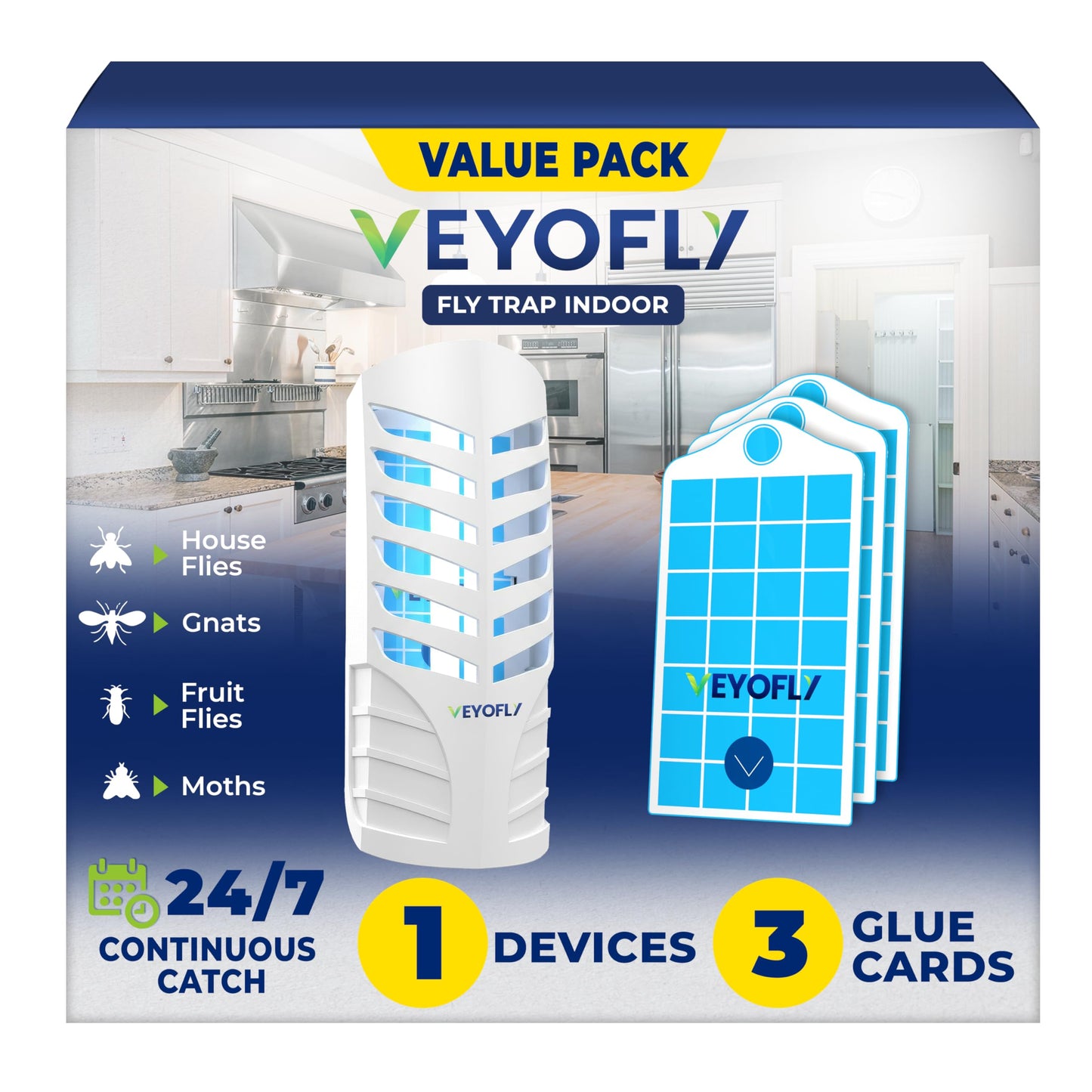 VEYOFLY Fruit Fly Trap Indoor (1 Device + 3 Refills), Gnat Catcher, Plug-in Light Insect Trap for House, Bug Killer