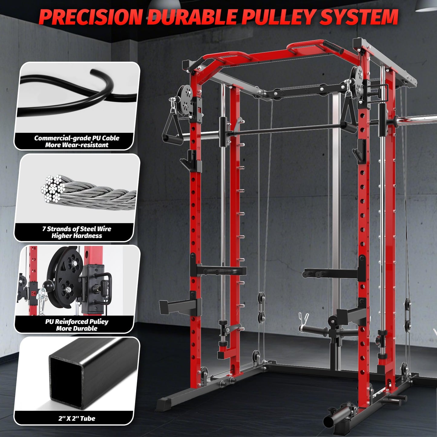 Garvee Power Cage, Smith Machine Squat Rack, Heavy Duty Power Rack for Home Gym with Pulley System, Dip Bar, LAT Pulldown, Multifunctional Squat Rack for Home Gym