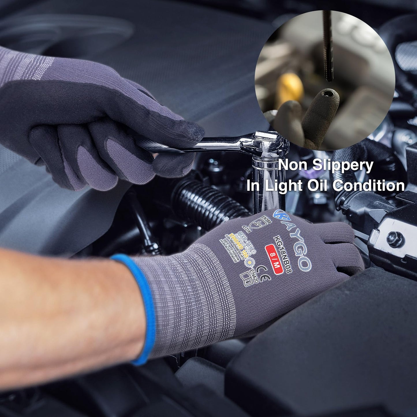 KAYGO Safety Work Gloves MicroFoam Nitrile Coated, 3 Pairs KG18NB,Seamless Knit Nylon Glove for Men and Women, Ideal for Automotive,Warehouse,Construction (Large,Gray)