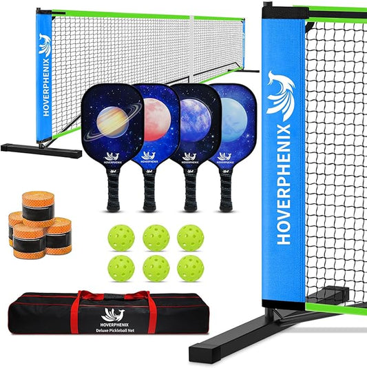 Hoverphenix Pickleball Net for Driveway, 22FT Regulation Size Pickleball Net with Paddles Set of 4, Pickleballs and Carry Bag for Outdoor Indoor Game