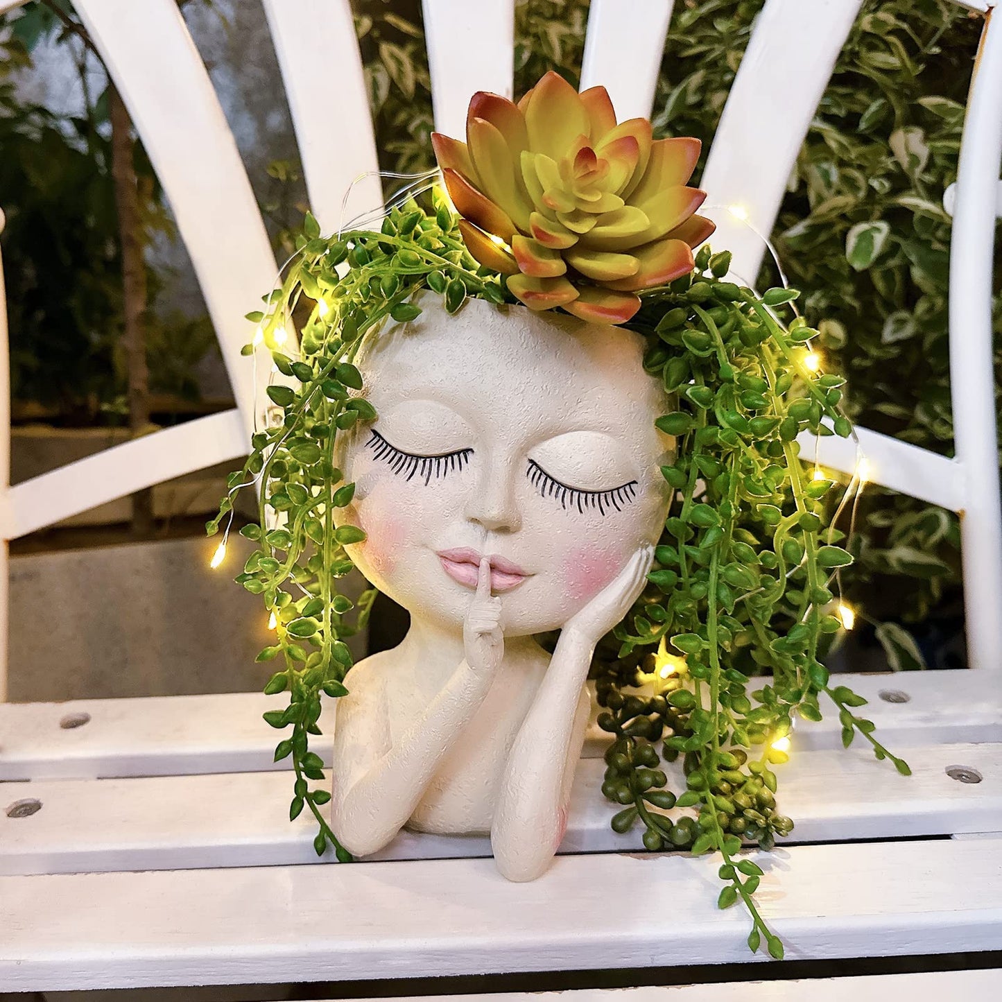 Solar Face Flower Pot,Head Planter Pot,with Led String Lights Succulent Planter Light,Warterproof Resin Cactus Planters,Cute Closed Eyes Lady Face Planter,for Indoor Outdoor Plant Garden Decor (Large)