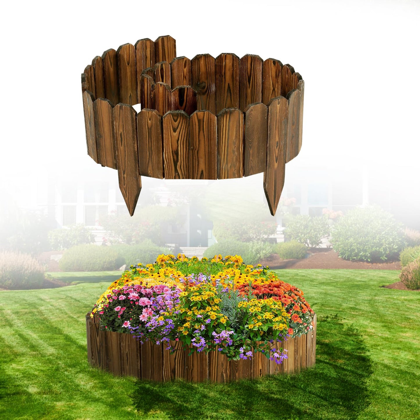 Wooden Garden Edging - 7.9ft x 8in Weather-Resistant Pine Landscape Border Fence for Outdoor Patio Lawns Yard Flower Beds Decoration