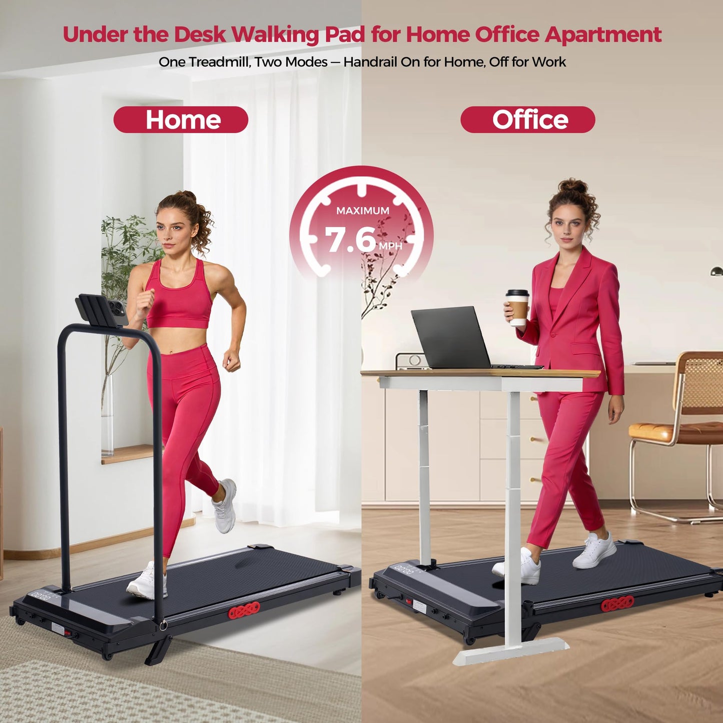 POTUPUS Walking Pad with Handle Bar and Incline, 3.0HP Under Desk Treadmill for Home Small Space, 0.6-7.6MPH Portable Walking Pad Treadmill with Handles, 350LBS, 2026 Upgrade