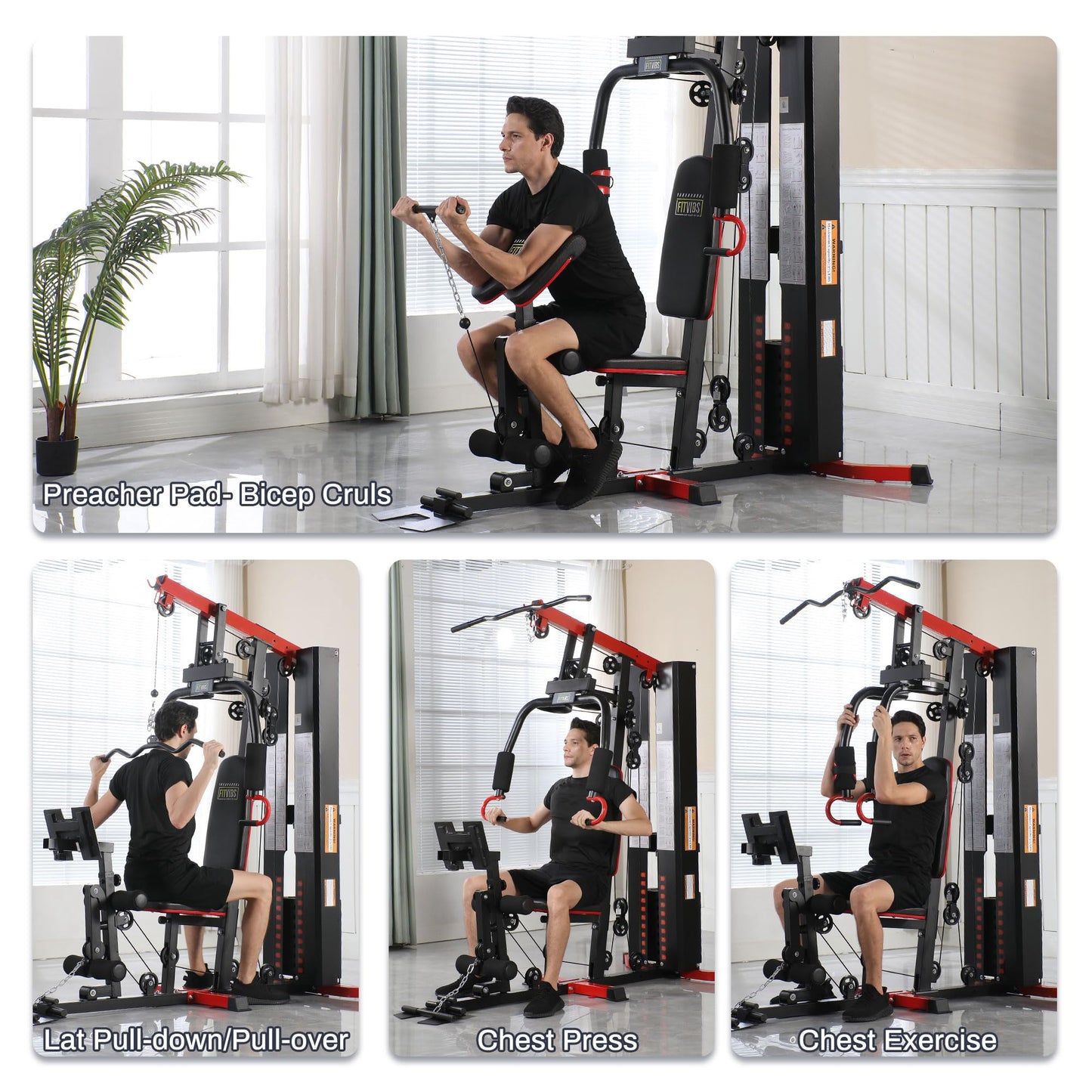 Fitvids Multifunctional Home Gym Equipment with 122.5 lbs Weight Stack, Full Body Workout Weight Machine, All-in-One Strength Training Exercise Equipment with Pulley System & Leg Press