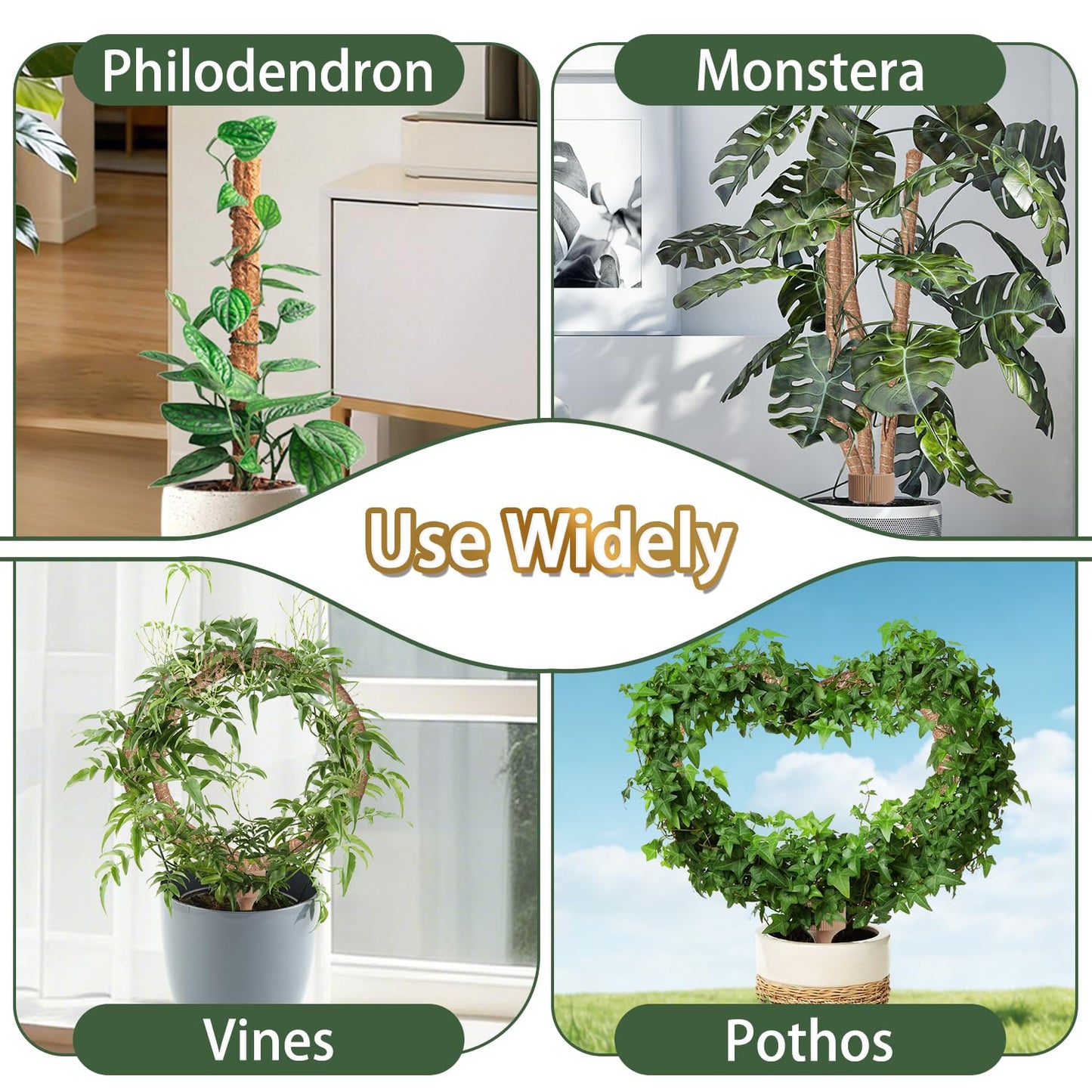 3 Moss Poles in 1, Bendable Monstera Plant Support, 30IN Tall Plant Stakes for Indoor Plants, Coir Pole Plant Support for Climbing Plants, Pothos, Philodendron-2 Pack