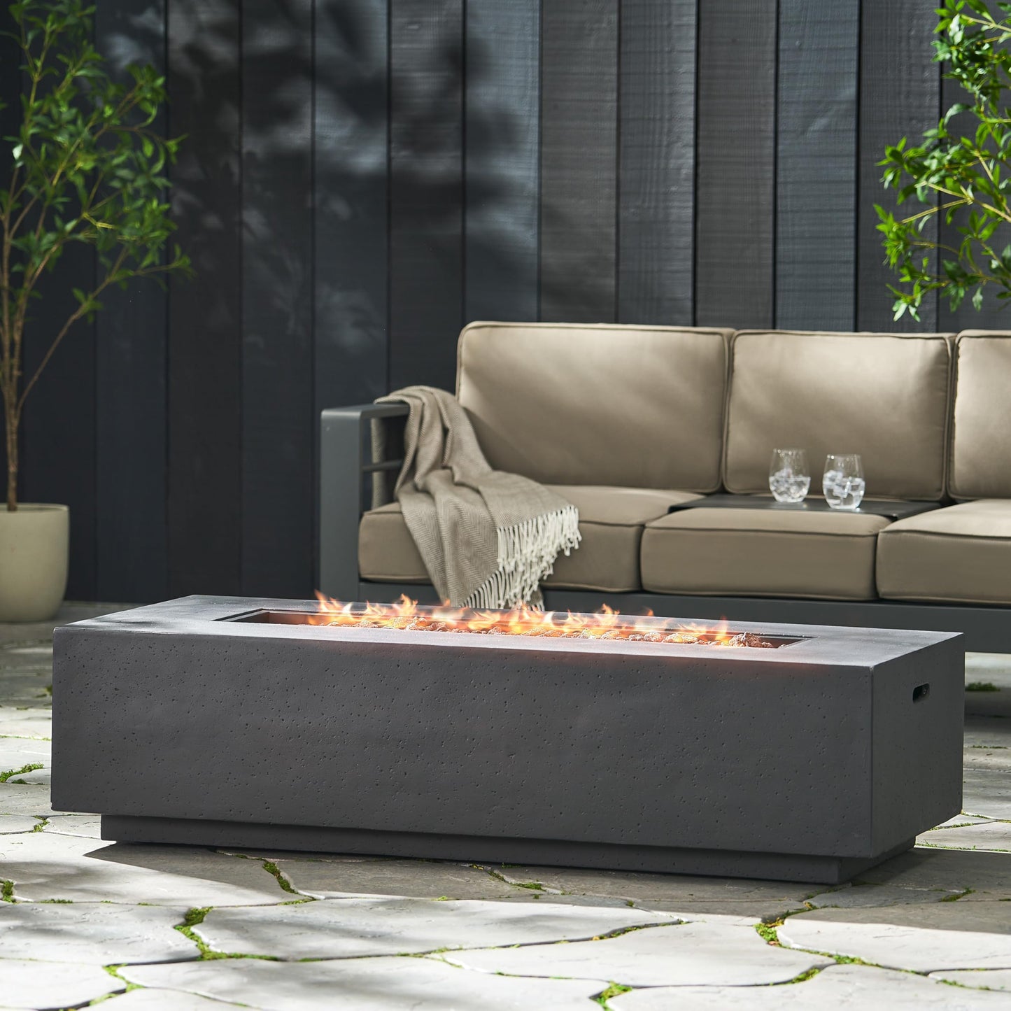 Merax 56" Rectangular MGO Propane Fire Pit Table, 50,000 BTU Outdoor Patio Heater with Modern Concrete Design for Backyard, Deck, Garden (Tank Cover Not Included), Dark Gery