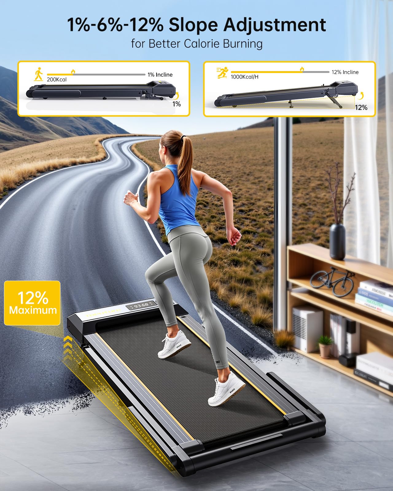 TOPUTURE Walking Pad Treadmill with 12% Incline & Handle Bar, Treadmills for Home with Bluetooth Speaker, Under Desk Treadmill Folding Walking Pad with APP & Remote Control