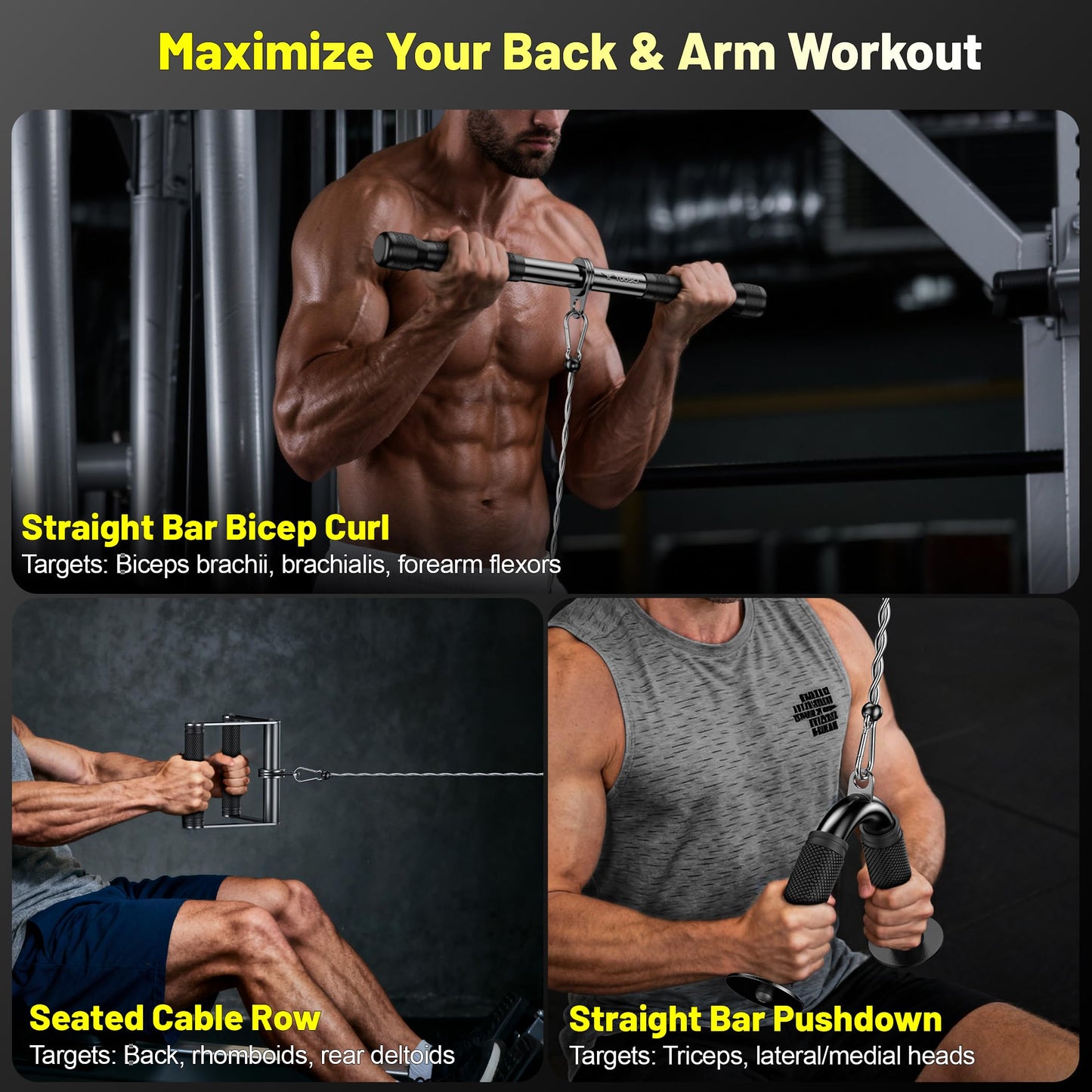 Toosci Cable Attachments for Gym, LAT Pulldown & Cable Machine Attachment Set: V-Shaped Bar, Rotating Straight Bar, V Rotation Handle, Nylon Tricep Rope, Ankle Straps & Handles, Home Gym