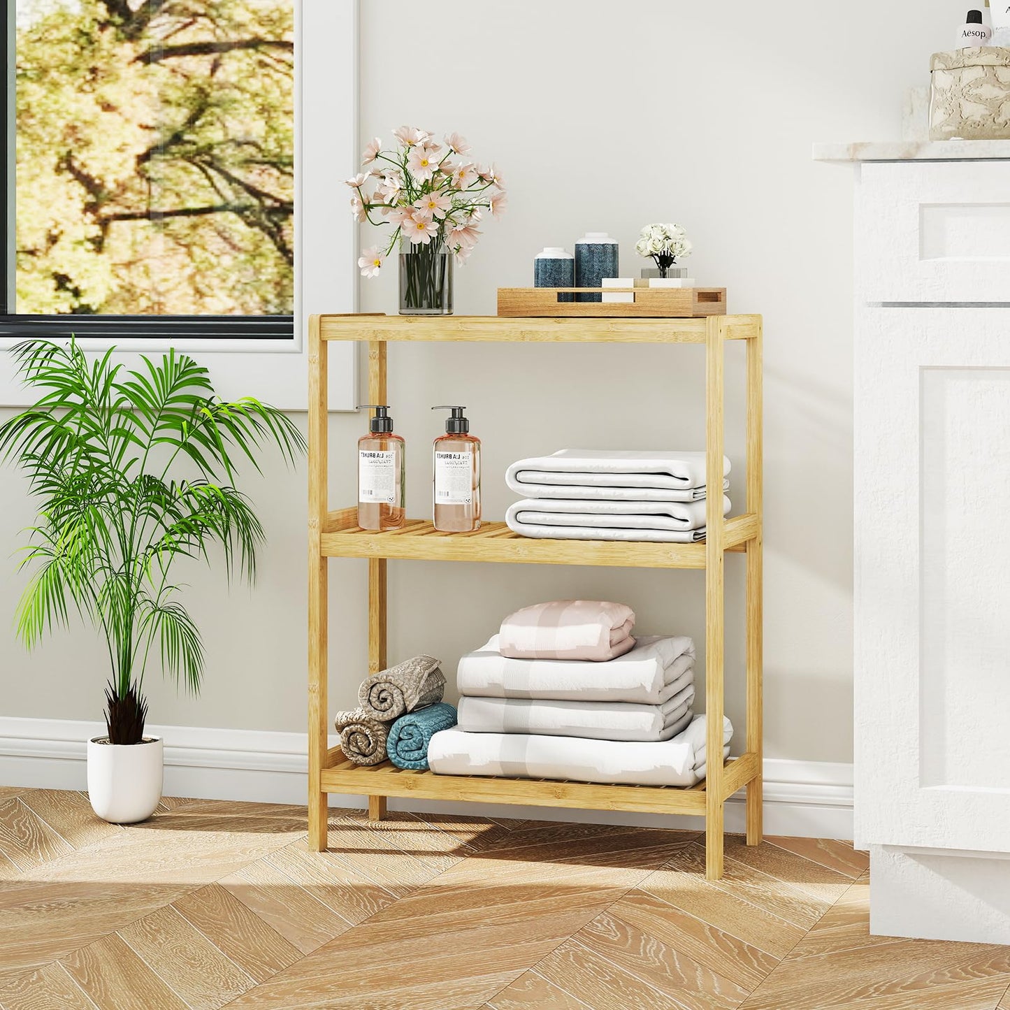 Elepude Bamboo Bathroom Shelf, Stand Utility Storage Shelf Multifunctional Bathroom Kitchen Living Room Holder Plant Flower Stand (3-Tier)