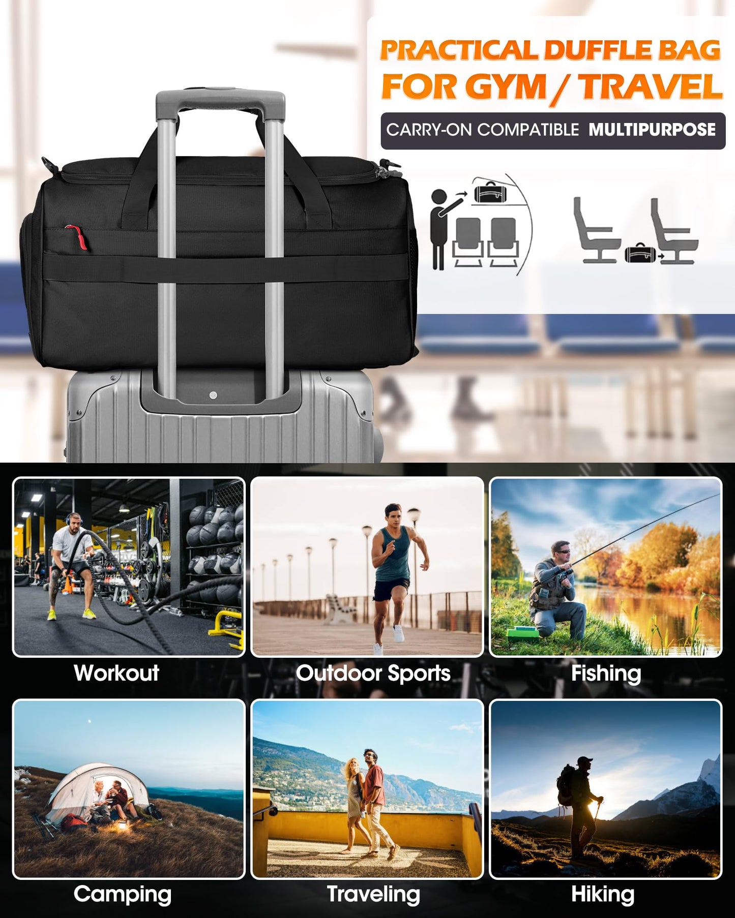 RAINSMORE Gym Bag for Men, 45L Sports Travel Duffel Bag with Shoe & Laptop Compartment, Gym Workout Backpack Carry On Weekender Bag Overnight Backpack for Travel, Black