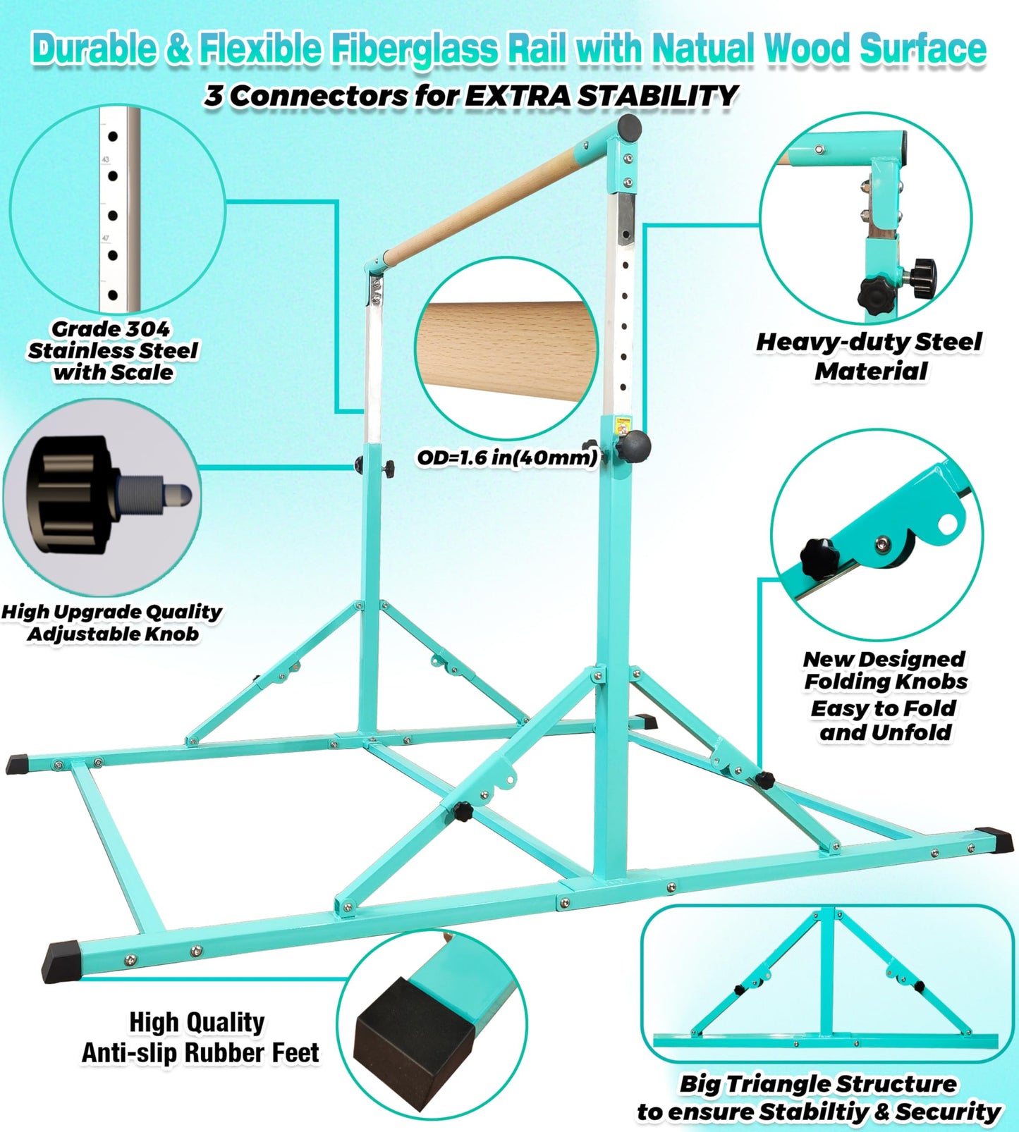 PreGymnastic Foldable Gymnastics Bar, 6FT Horizontal Bars, Folding Training Bar for Kids Ages 3-18, Weight Limit 500 LB, Adjustable kip Bar,Home Gym Equipment Indoor(Foldable Bar with Mat,Teal-Mat)
