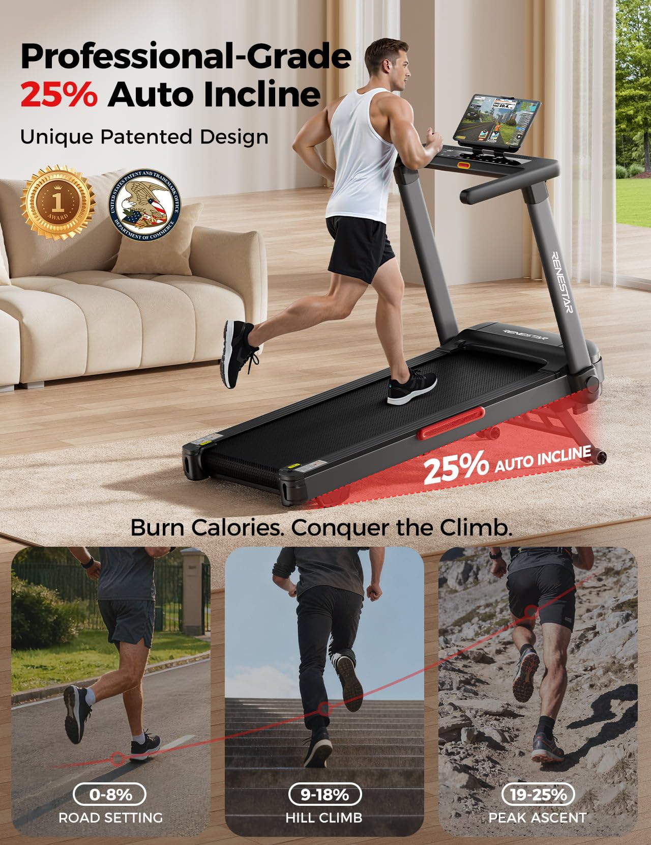 Renestar Treadmill for Home with 25% Auto Incline - 8.5MPH Max Speed, Extra Large LED Touchscreen, 300LBS Capacity, Bluetooth Speaker, 3.5HP Home Office Treadmills for Running Jogging Walking