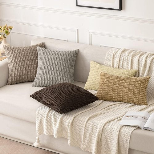 MIULEE Corduroy Lumbar Throw Pillow Covers - Soft Boho Striped Design | 20x12 Inch Light Brown for Modern Farmhouse Decor