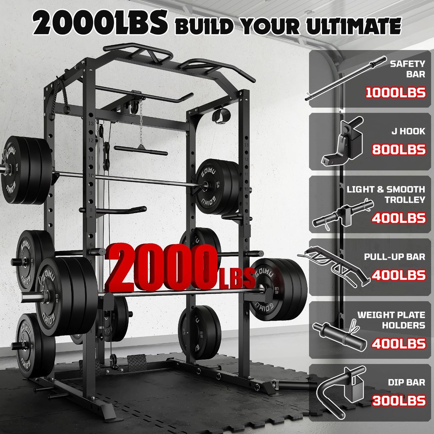 Goimu C1-V4 Power Cage, 2000LBS Squat Rack with LAT Pulldown, Multi-Function Weight Cage Strength Training Machine, Workout Cage with More Attachments for Home Gym Garage (BK C1-V4)
