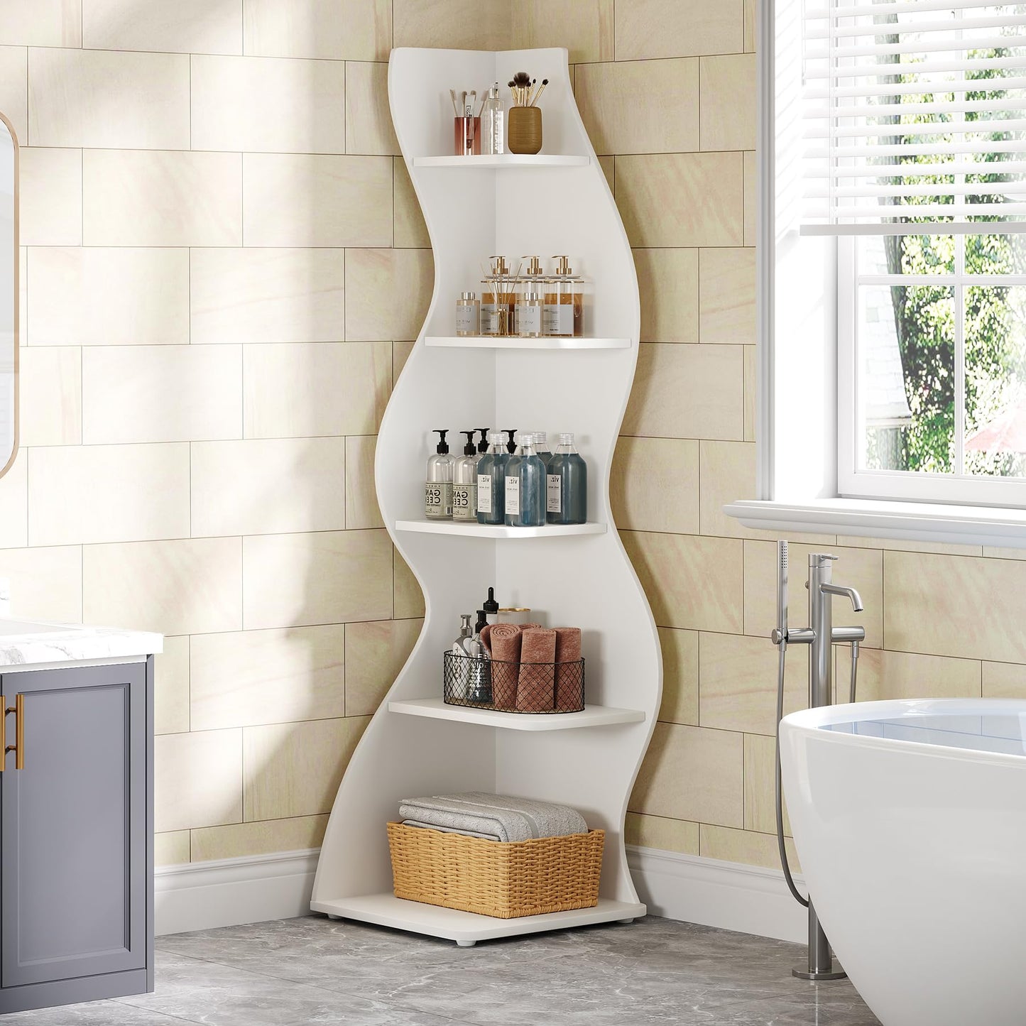 Tribesigns Wavy Corner Shelf, Modern 5-Tier Bookshelf Bookcase with Curvy Shape, Unique Plant Stand Display Rack for Living Room Small Space (White)