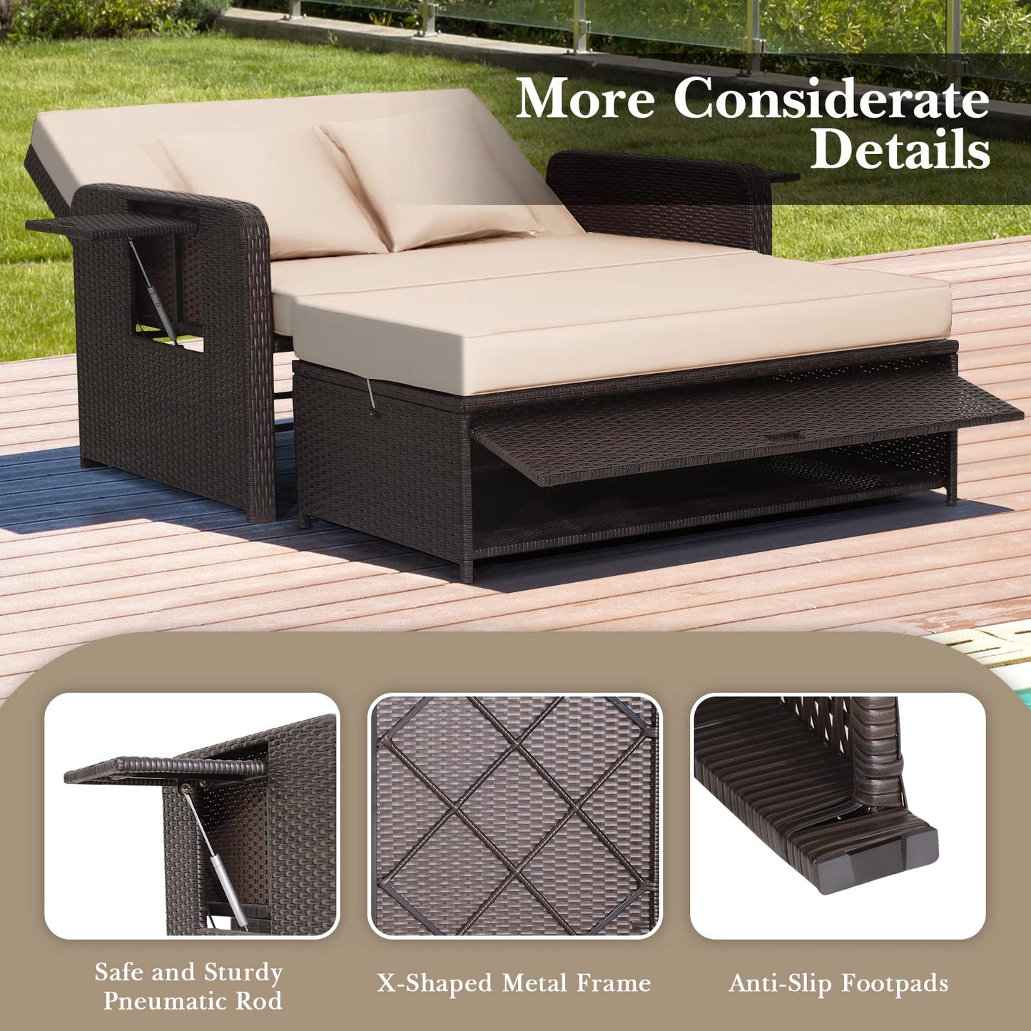 Tangkula Patio Rattan Daybed with 4-Level Adjustable Backrest, Outdoor PE Wicker Loveseat with Storage Ottoman & Folding Side Tray, Double Sunbed Lounger for Balcony, Backyard & Poolside