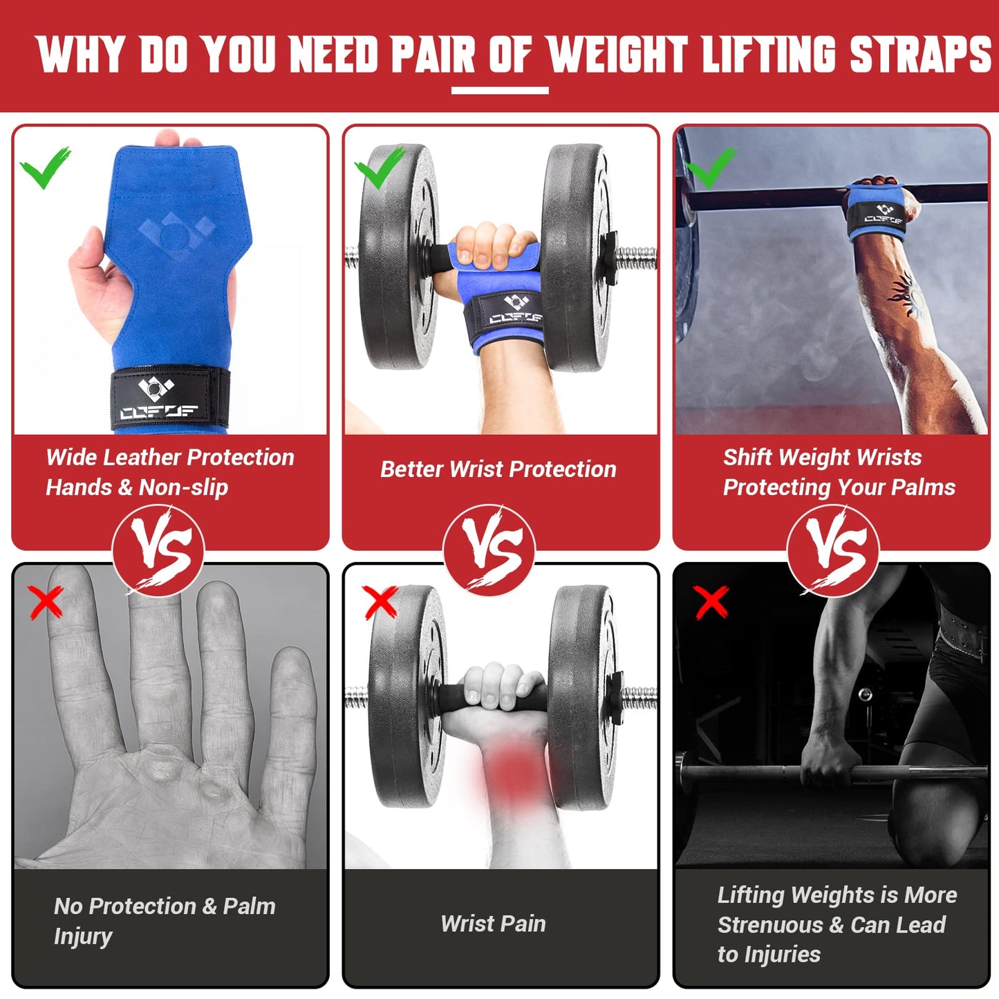 COFOF Weight Lifting Wrist Strap,Double Layer Leather Weightlifting Wrist Strap for Deadlift and Powerlifting, Adjustable Neoprene Padded Gym Workout Lifting Wrist Hooks for Men/Women(Pair)