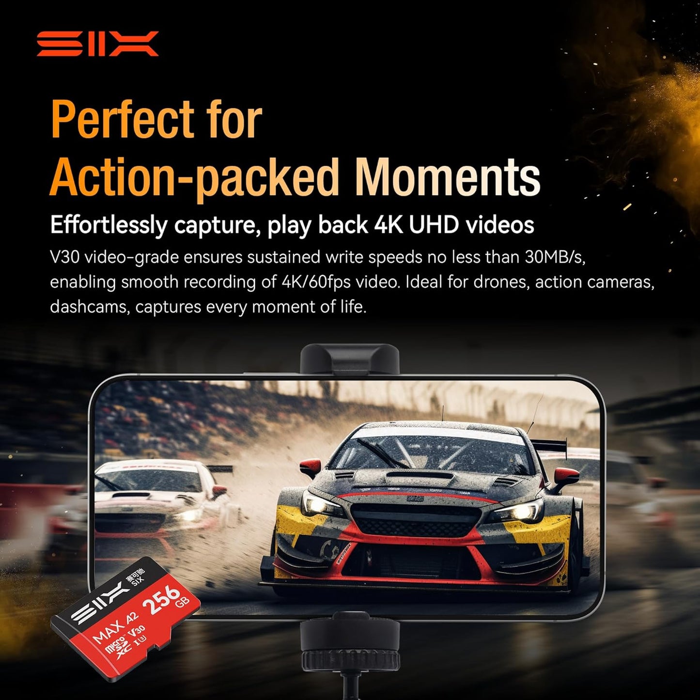SIX M200 64GB 190MB/s 4K A2, U3, V30 64GB Micro SD Card Read Up to for UHD Continuous Recording - microSDXC Memory Card