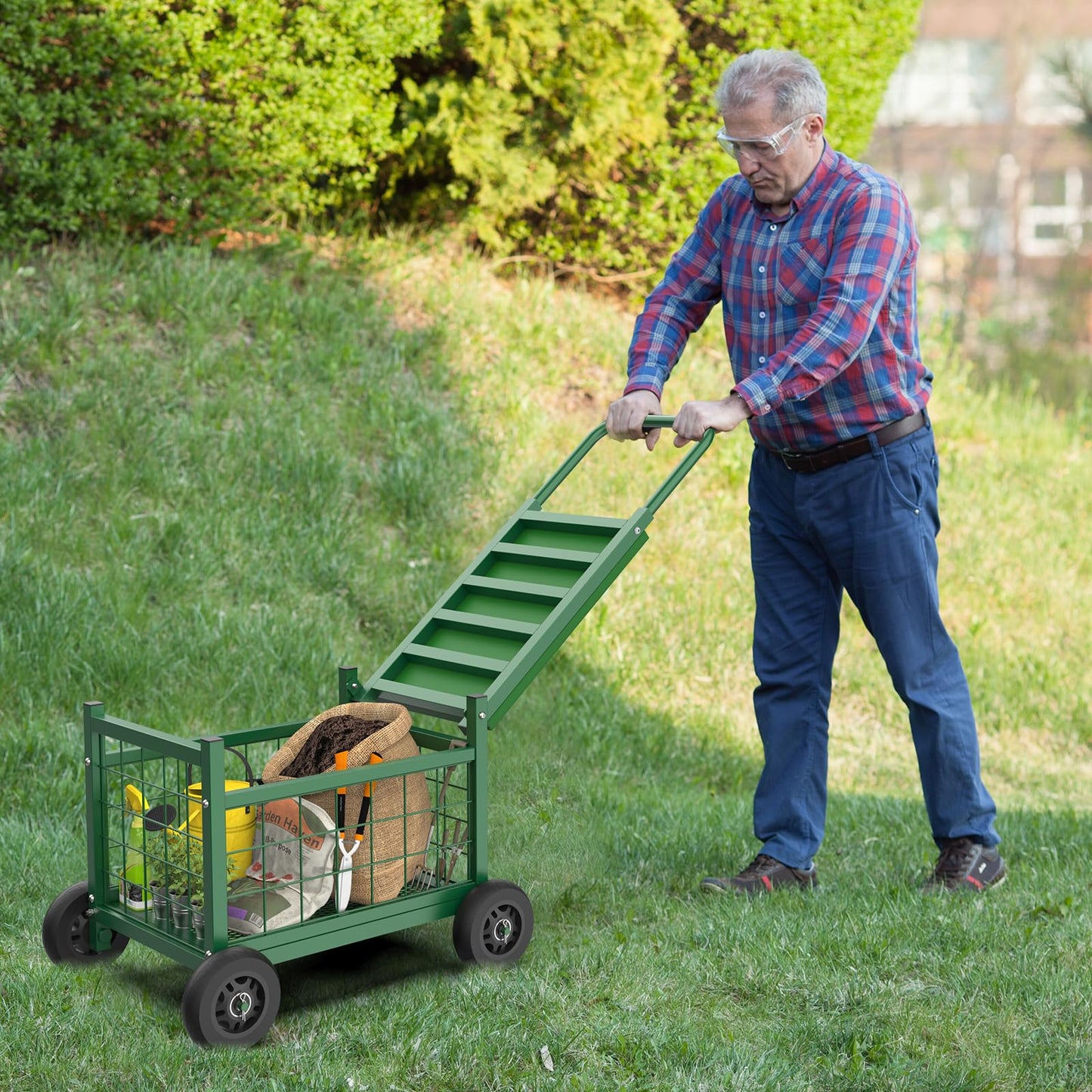 FLINTER Rolling Garden Work Seat with Wheels, Upgraded Heavy Duty Gardenning Cart with Seat - Garden Rolling Stools with Wheels for Seniors, Lawn, Patio & Backyard Gardening, Green