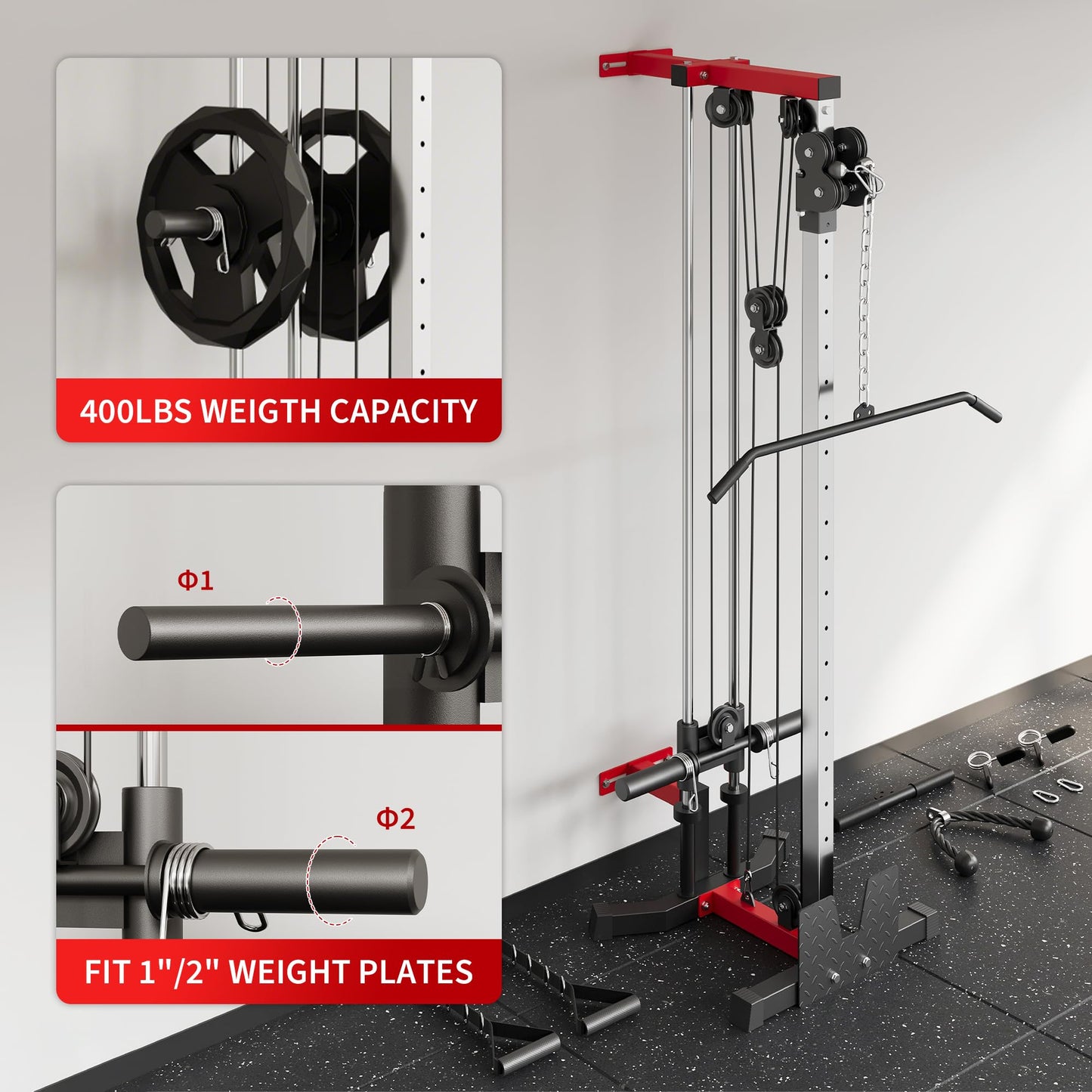 Wall Mount Cable Station – Dual Pulley Cable Crossover Machine with 18 Adjustable Positions, Tricep Rope, T-Bar, LAT Pulldown Bar & Foot Board for Home Gym Strength Training