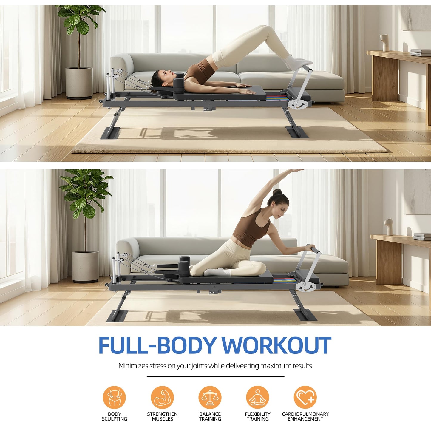 Foldable Pilates Reformer for Home Use Pilates Reformer Machine with Adjustable Resistance Bands Space-Saving Pilates Machine for Core Strength&Full Body Workout