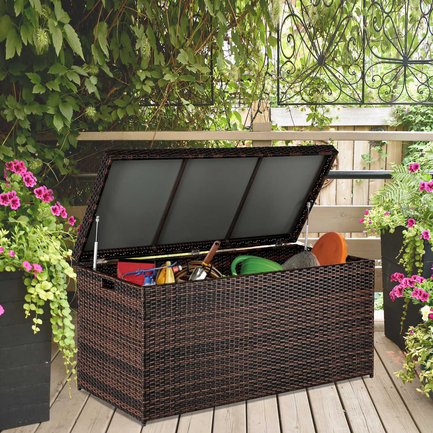 VINGLI Outdoor Wicker Storage Box, 132 Gallon Patio Rattan Deck Box, Wicker Storage Bench for Indoor, Outdoor, Pool, Balcony, Yard, Garden – Dark Brown