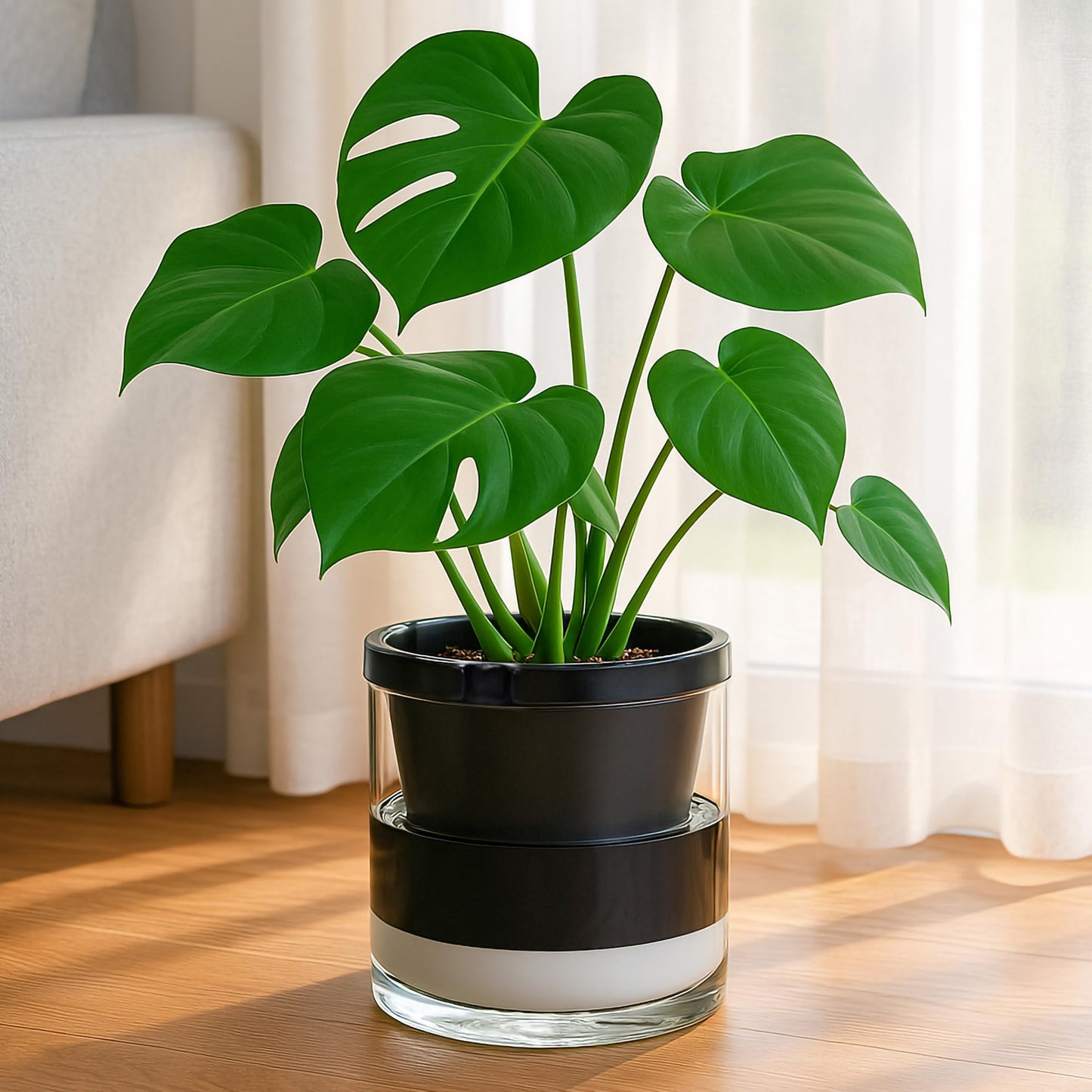D'vine Dev 8 Inch Design Self Watering Planter for Indoor Plants, Black Terracotta Pot with Cylinder Glass Cup, 37-X-C-3