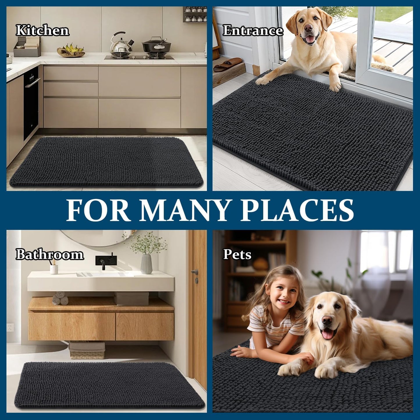 OLANLY Dog Door Mat - Absorbent Non-Slip Chenille Mat for Muddy Paws | 32x20 Dark Grey Indoor Carpet